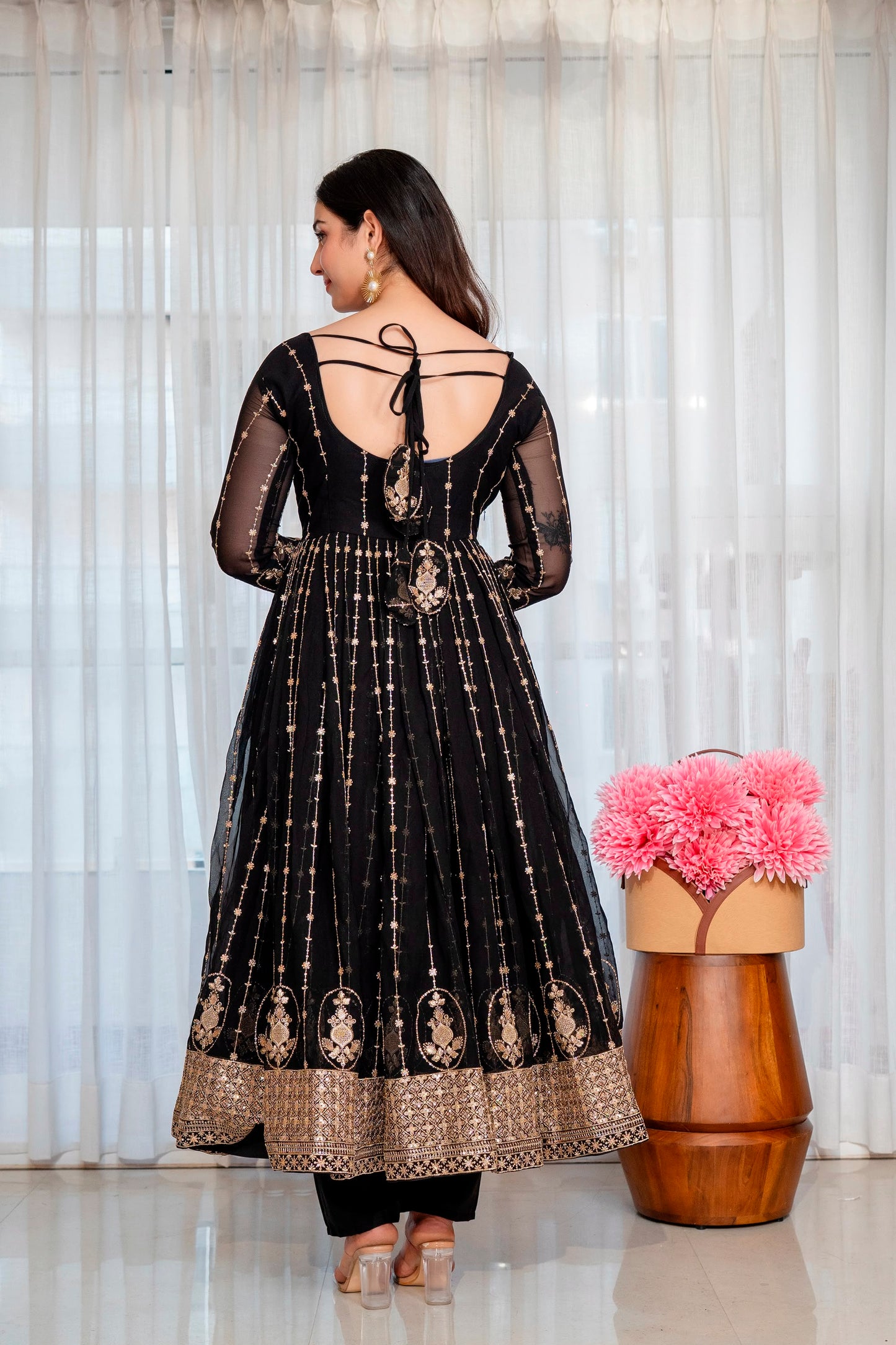 Women's Anarkali Suit Set in Black Faux Blooming Fabric with Zari and Sequins Embroidery