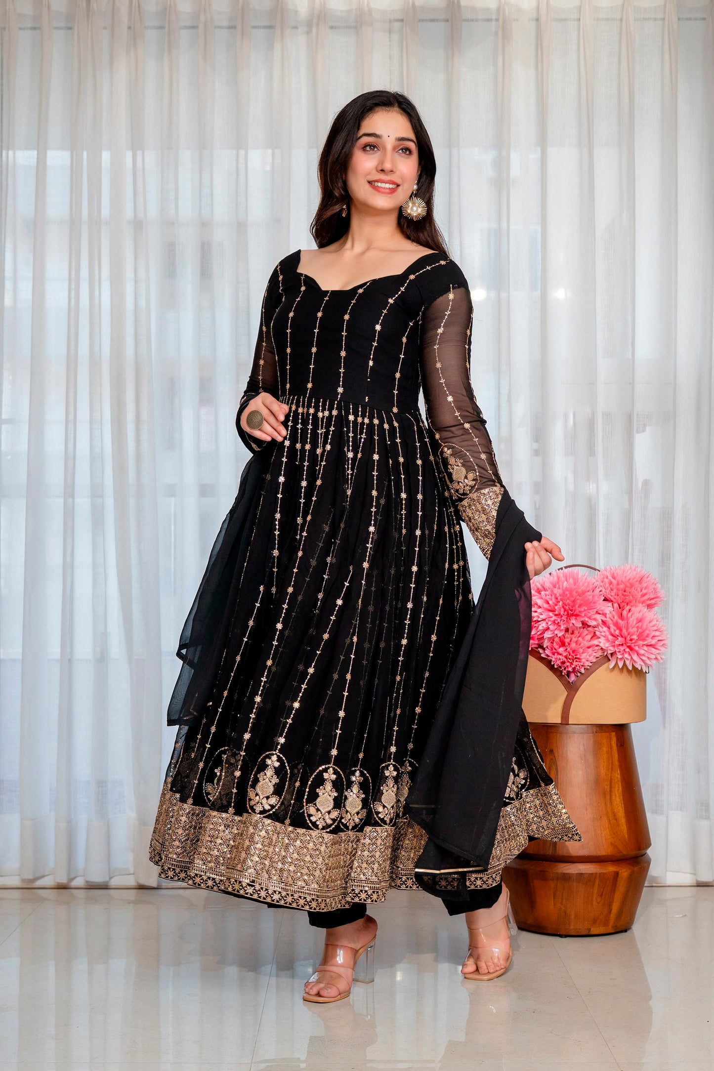 Women's Anarkali Suit Set in Black Faux Blooming Fabric with Zari and Sequins Embroidery