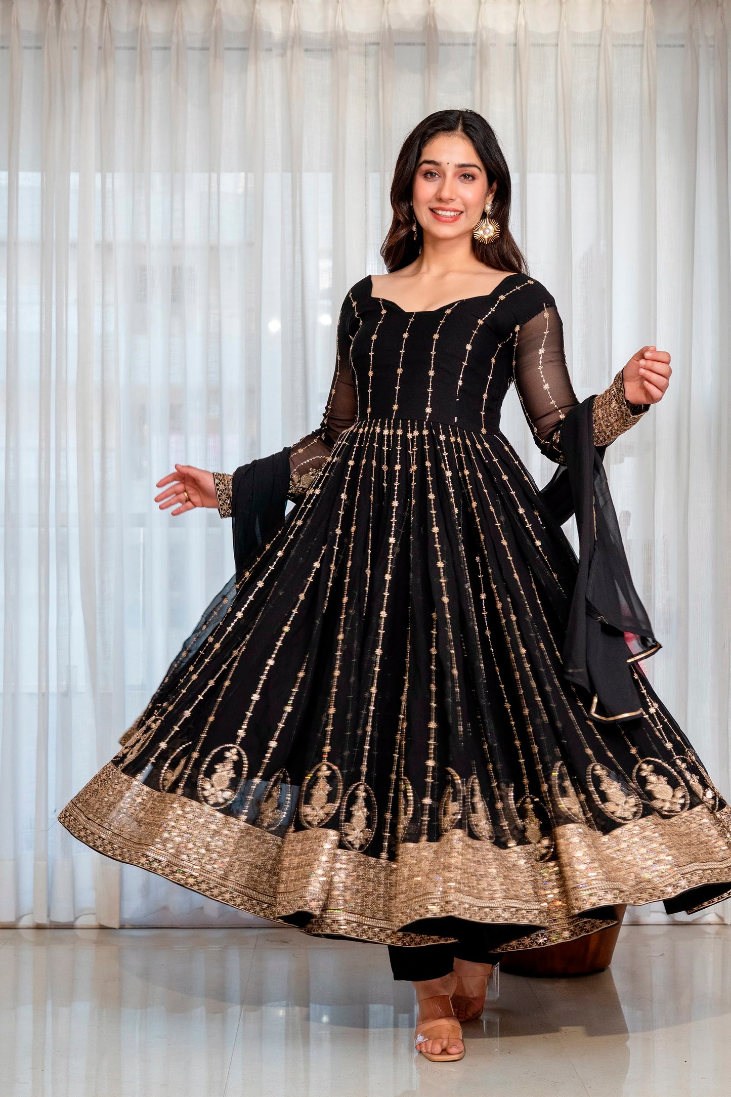 Women's Anarkali Suit Set in Black Faux Blooming Fabric with Zari and Sequins Embroidery