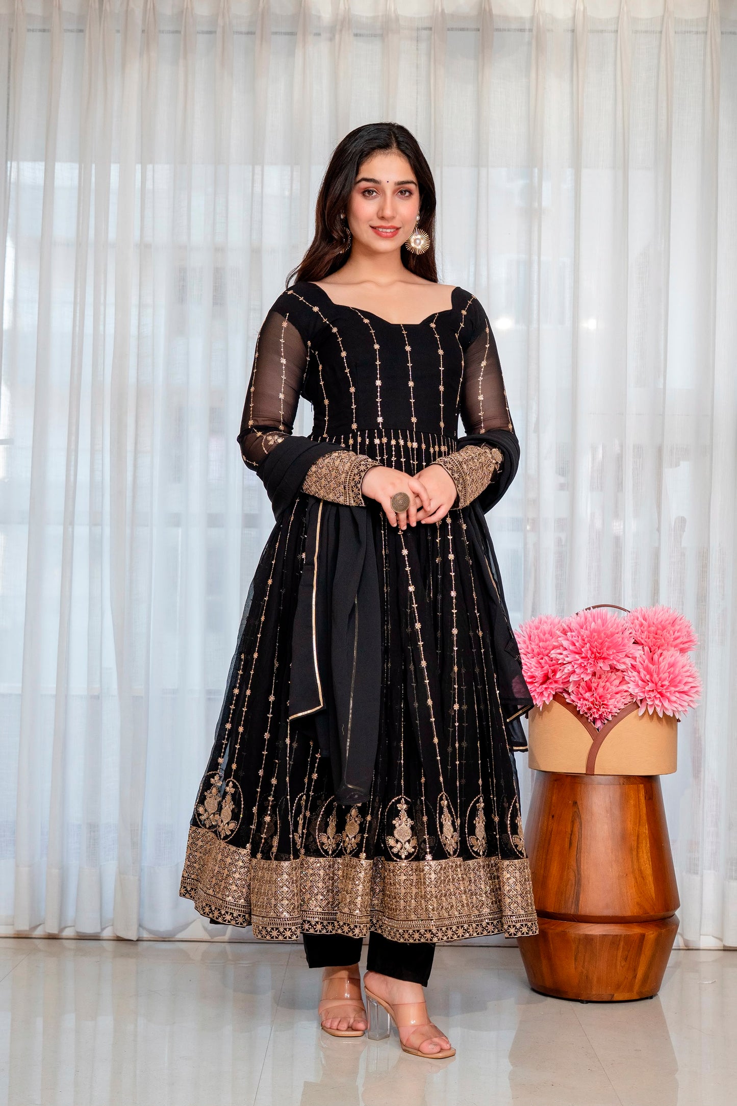 Women's Anarkali Suit Set in Black Faux Blooming Fabric with Zari and Sequins Embroidery