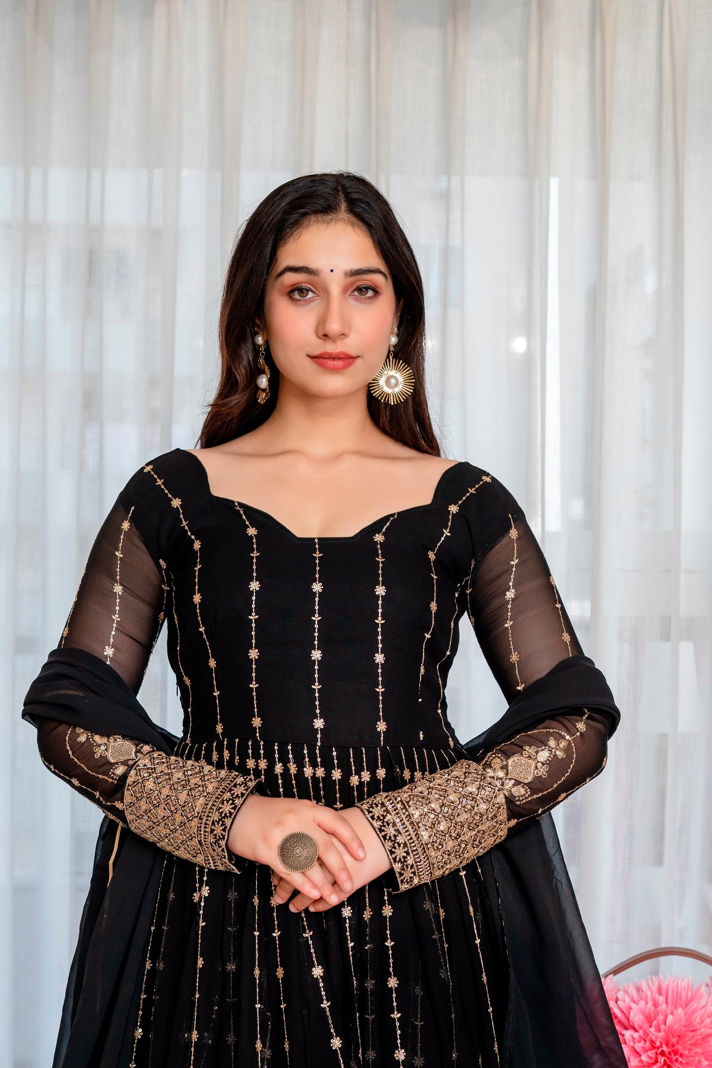Women's Anarkali Suit Set in Black Faux Blooming Fabric with Zari and Sequins Embroidery