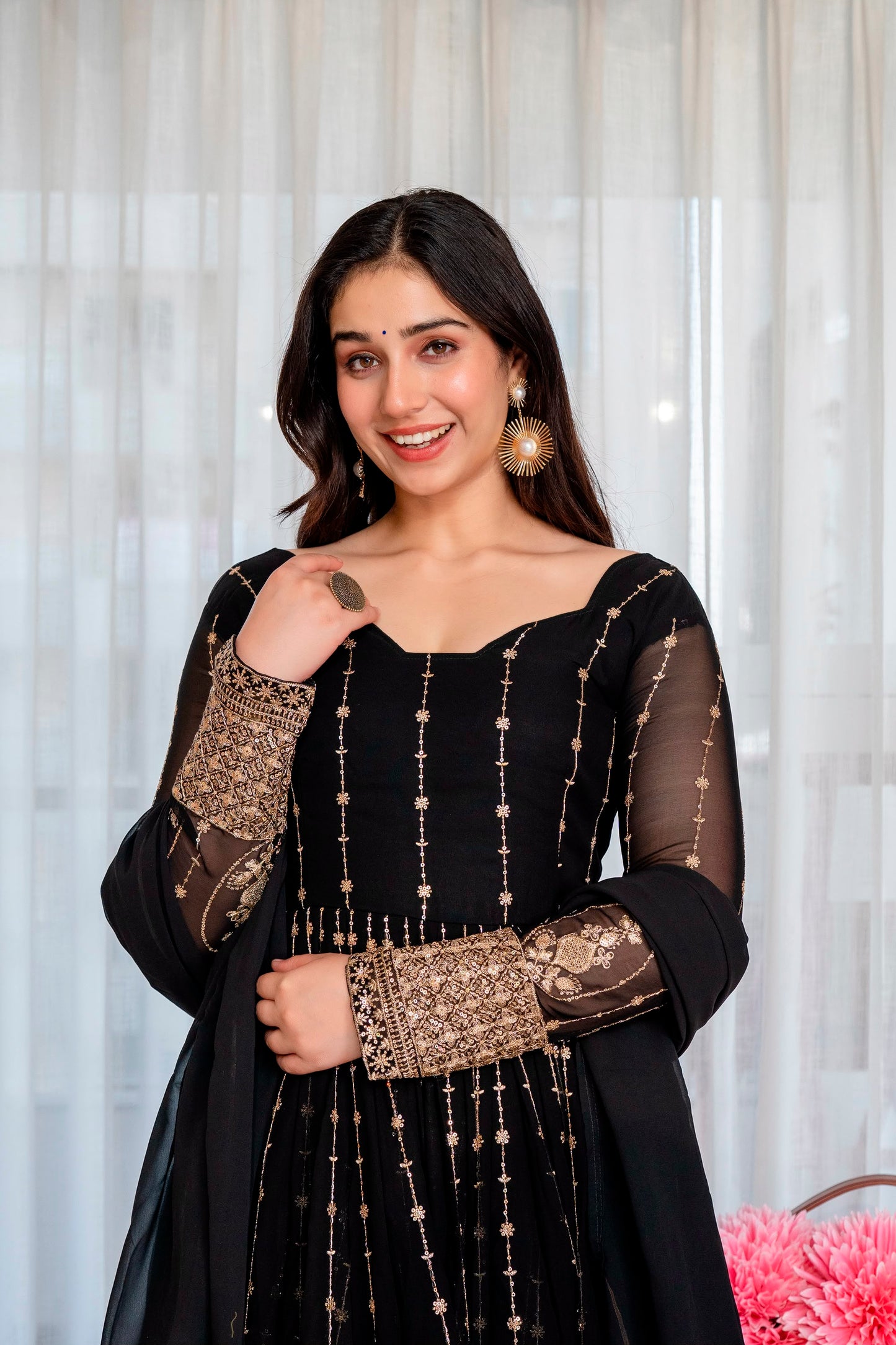 Women's Anarkali Suit Set in Black Faux Blooming Fabric with Zari and Sequins Embroidery