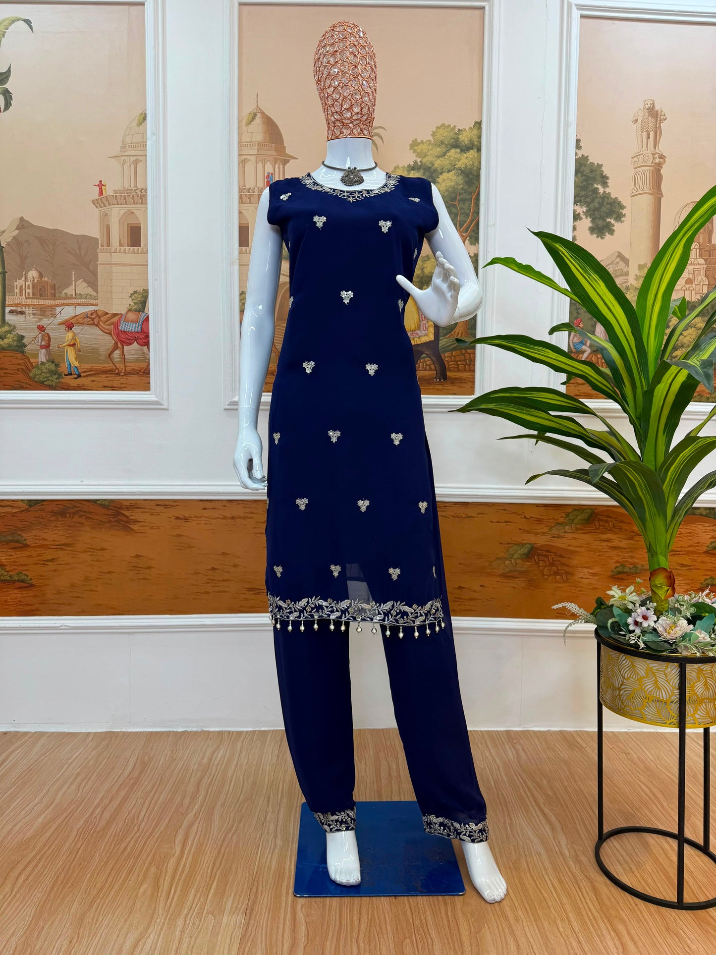 Women's Kurta Koti Pant Set in Navy Blue Faux Georgette with Heavy Embroidery and Lace Work