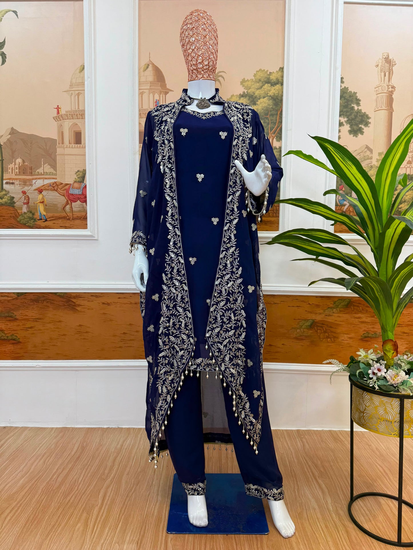 Women's Kurta Koti Pant Set in Navy Blue Faux Georgette with Heavy Embroidery and Lace Work