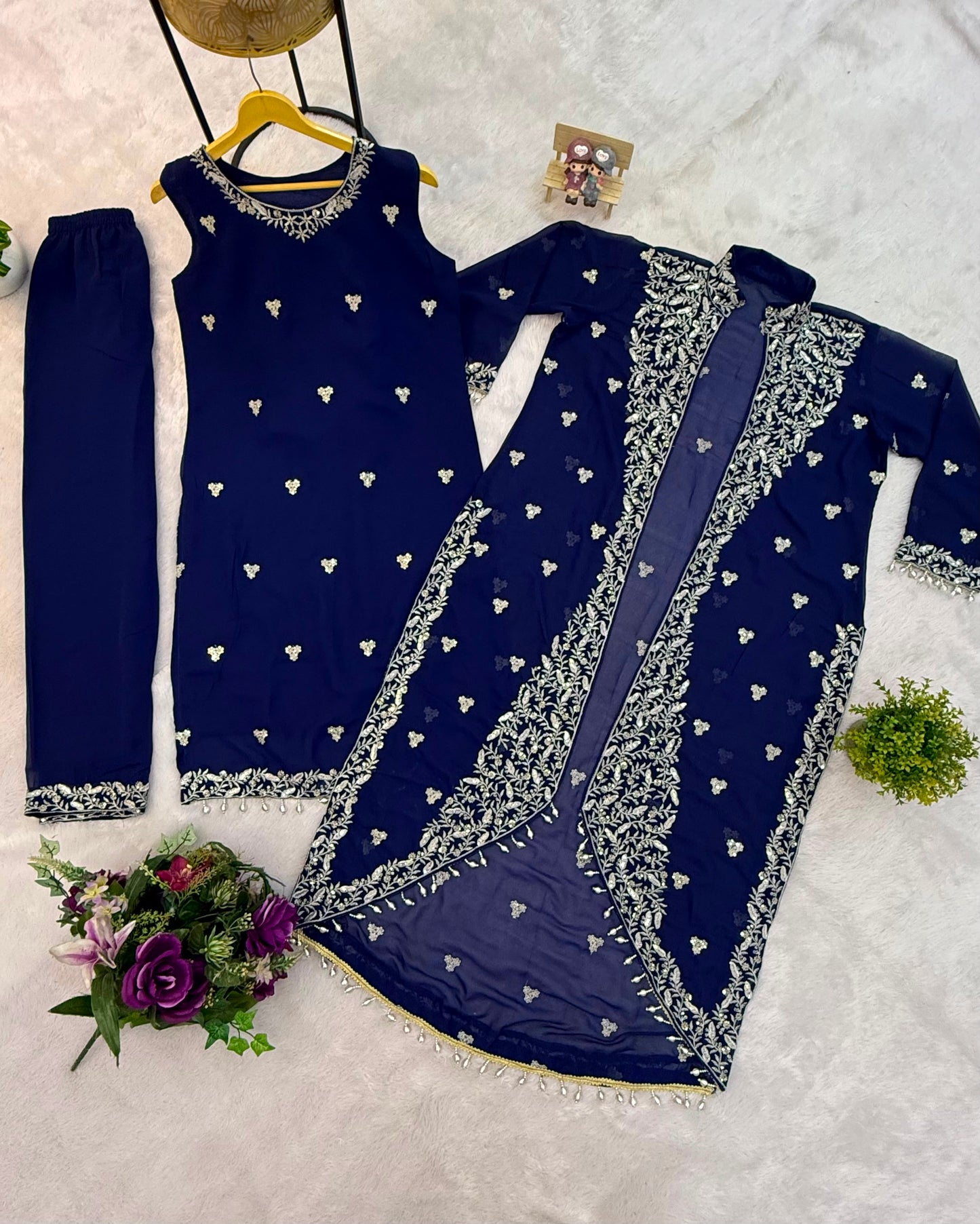 Women's Kurta Koti Pant Set in Navy Blue Faux Georgette with Heavy Embroidery and Lace Work