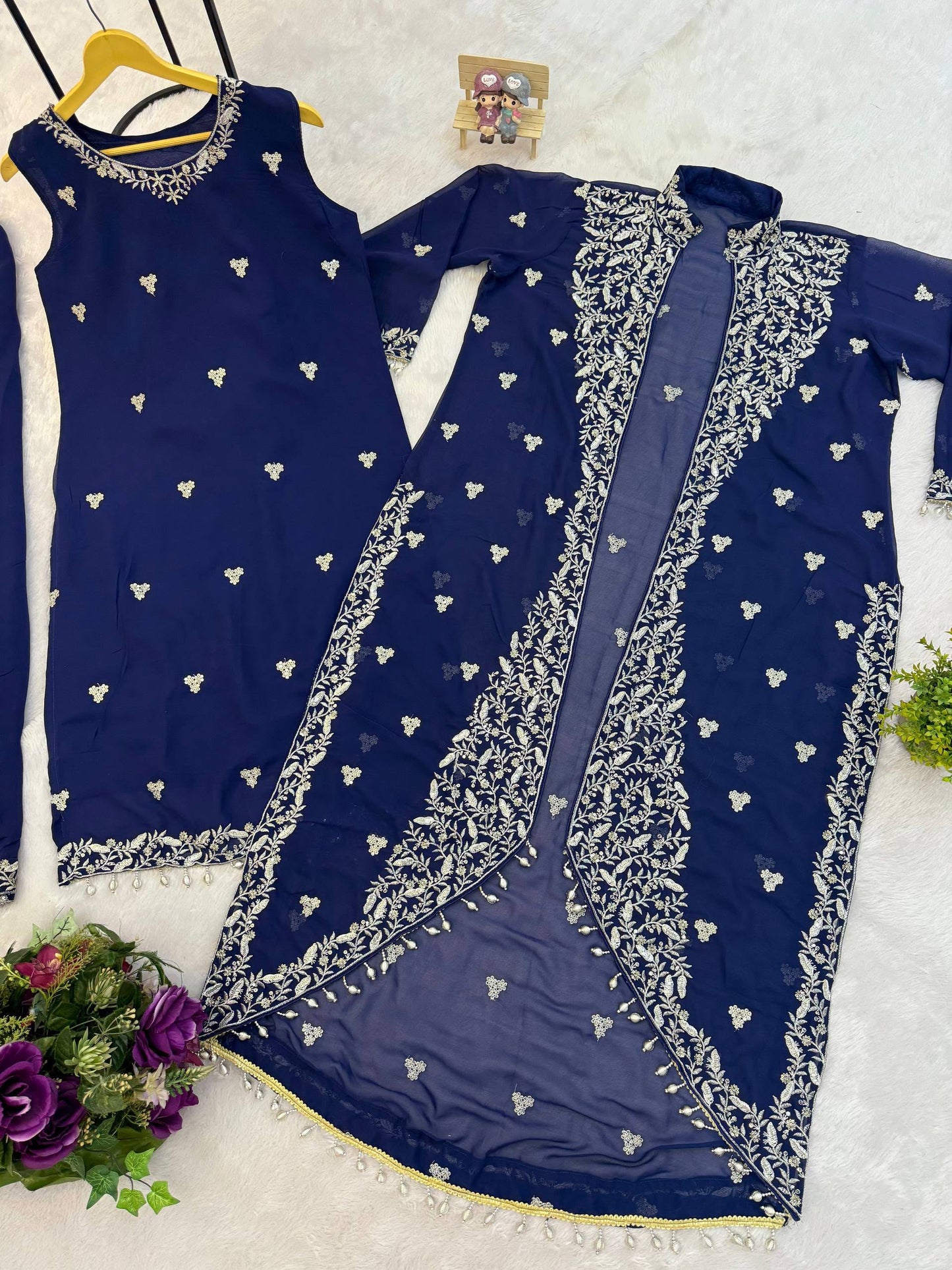 Women's Kurta Koti Pant Set in Navy Blue Faux Georgette with Heavy Embroidery and Lace Work