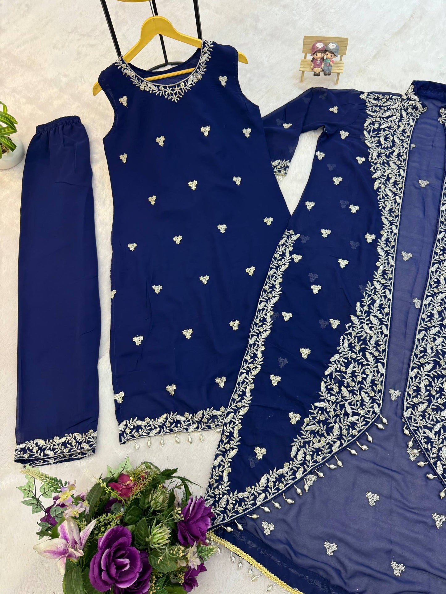 Women's Kurta Koti Pant Set in Navy Blue Faux Georgette with Heavy Embroidery and Lace Work