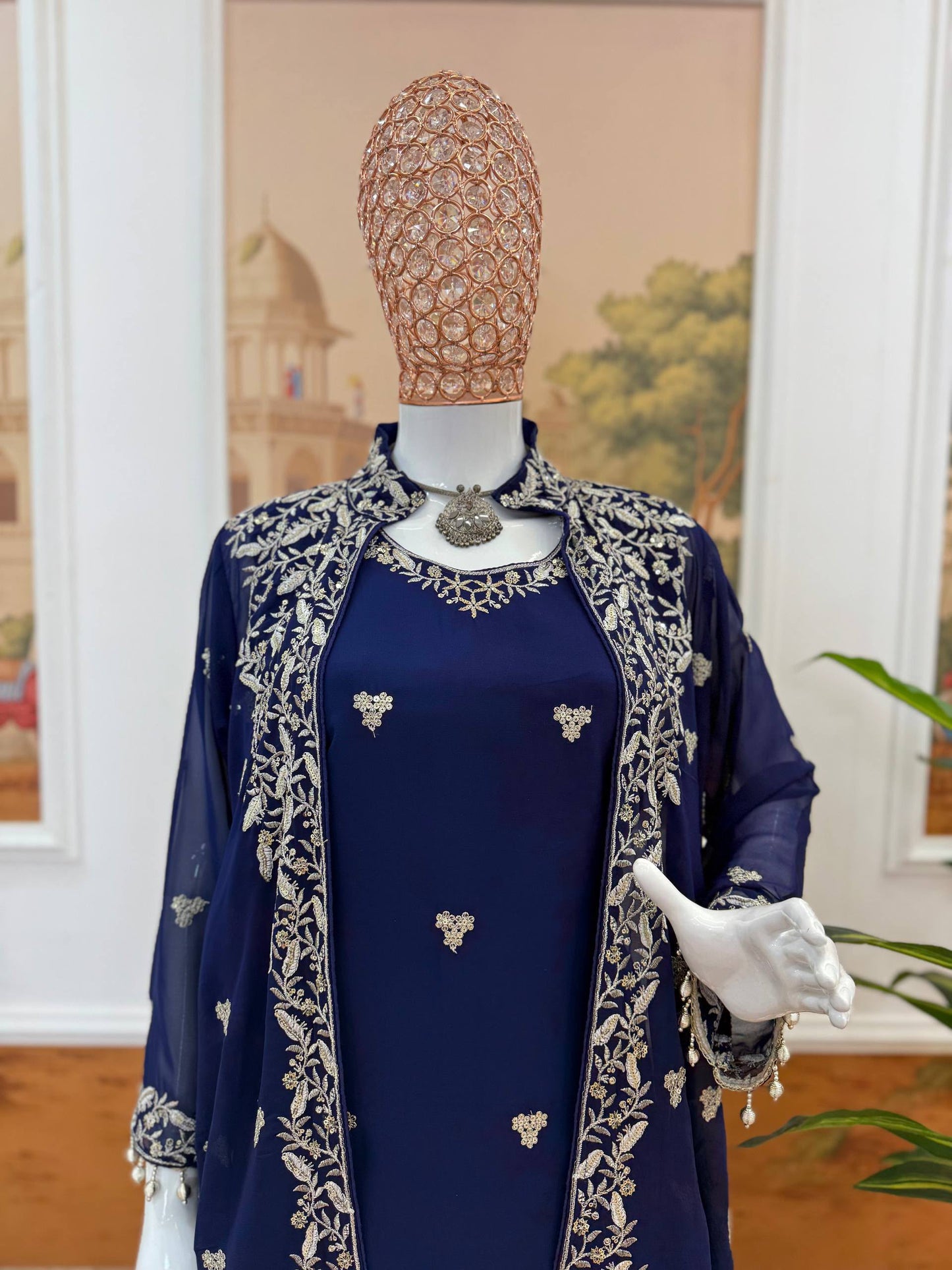 Women's Kurta Koti Pant Set in Navy Blue Faux Georgette with Heavy Embroidery and Lace Work