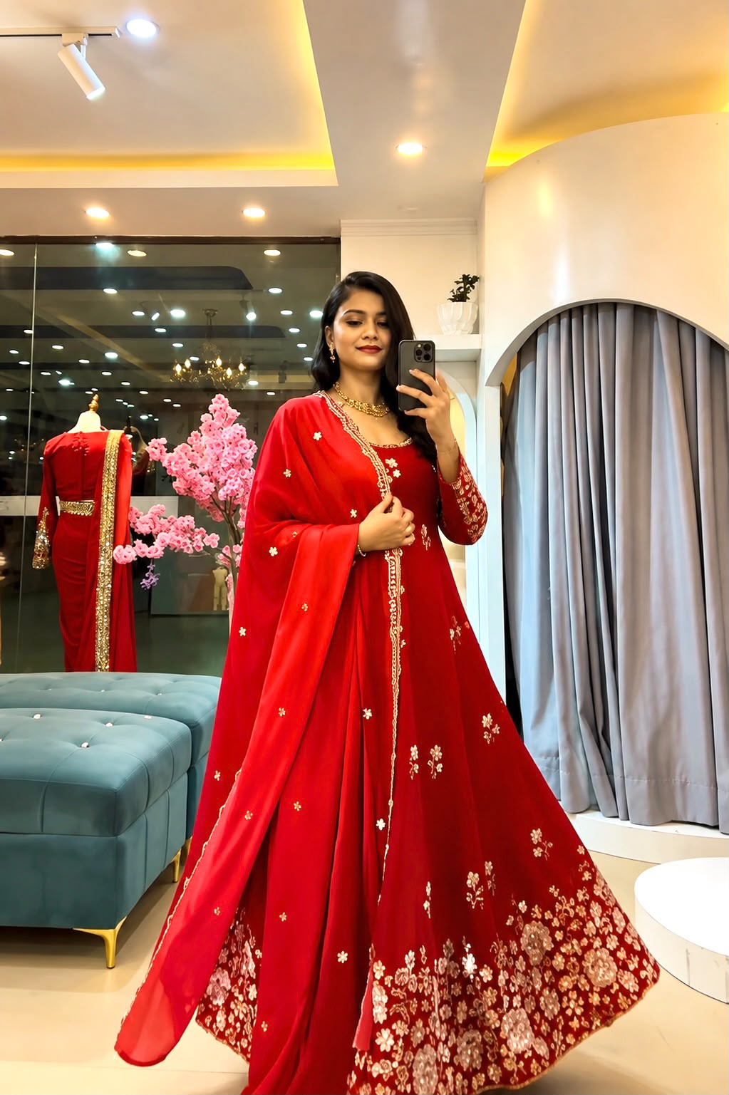 Women's Gown Set in Red Fendy Silk with Sequin Embroidery