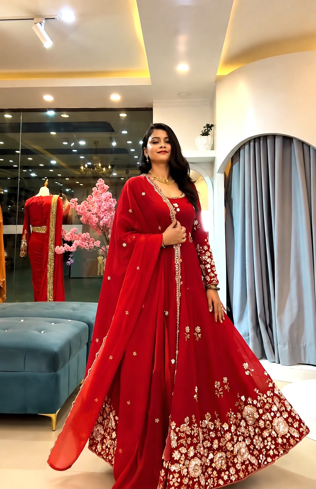 Women's Gown Set in Red Fendy Silk with Sequin Embroidery