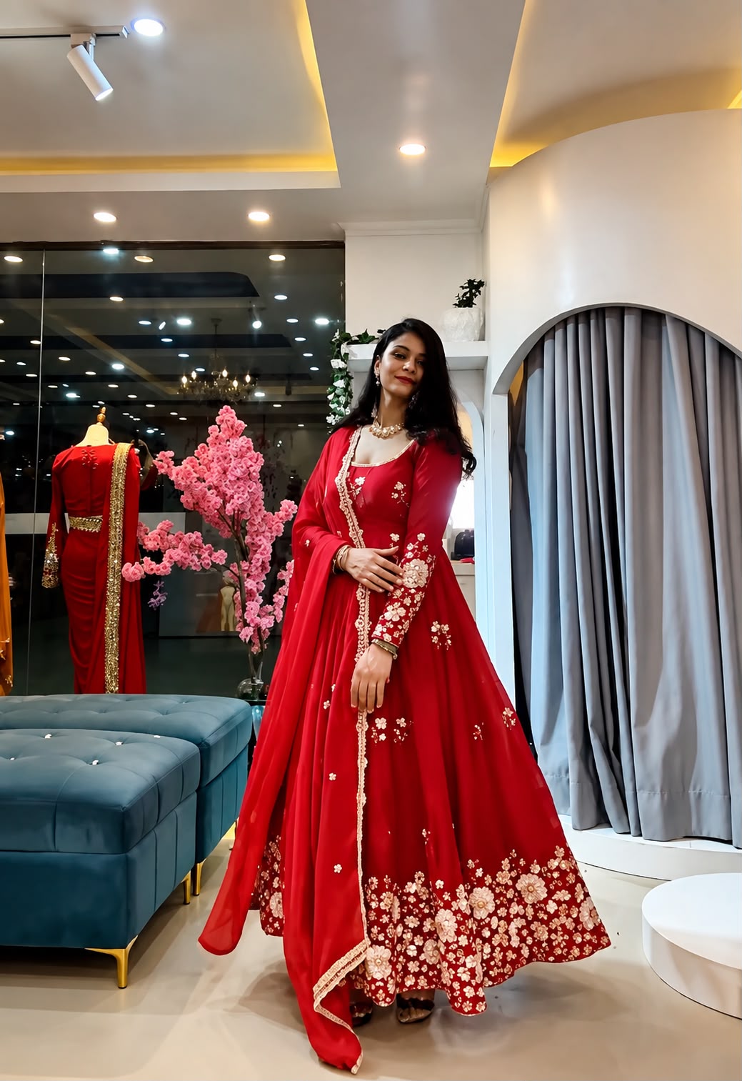 Women's Gown Set in Red Fendy Silk with Sequin Embroidery