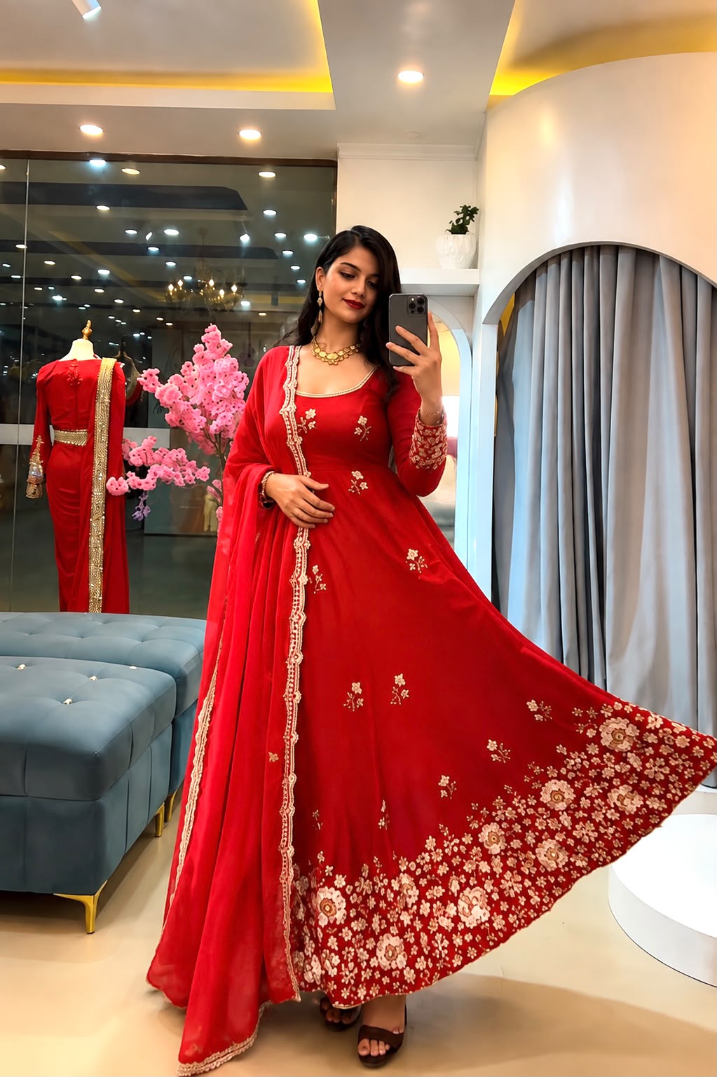 Women's Gown Set in Red Fendy Silk with Sequin Embroidery