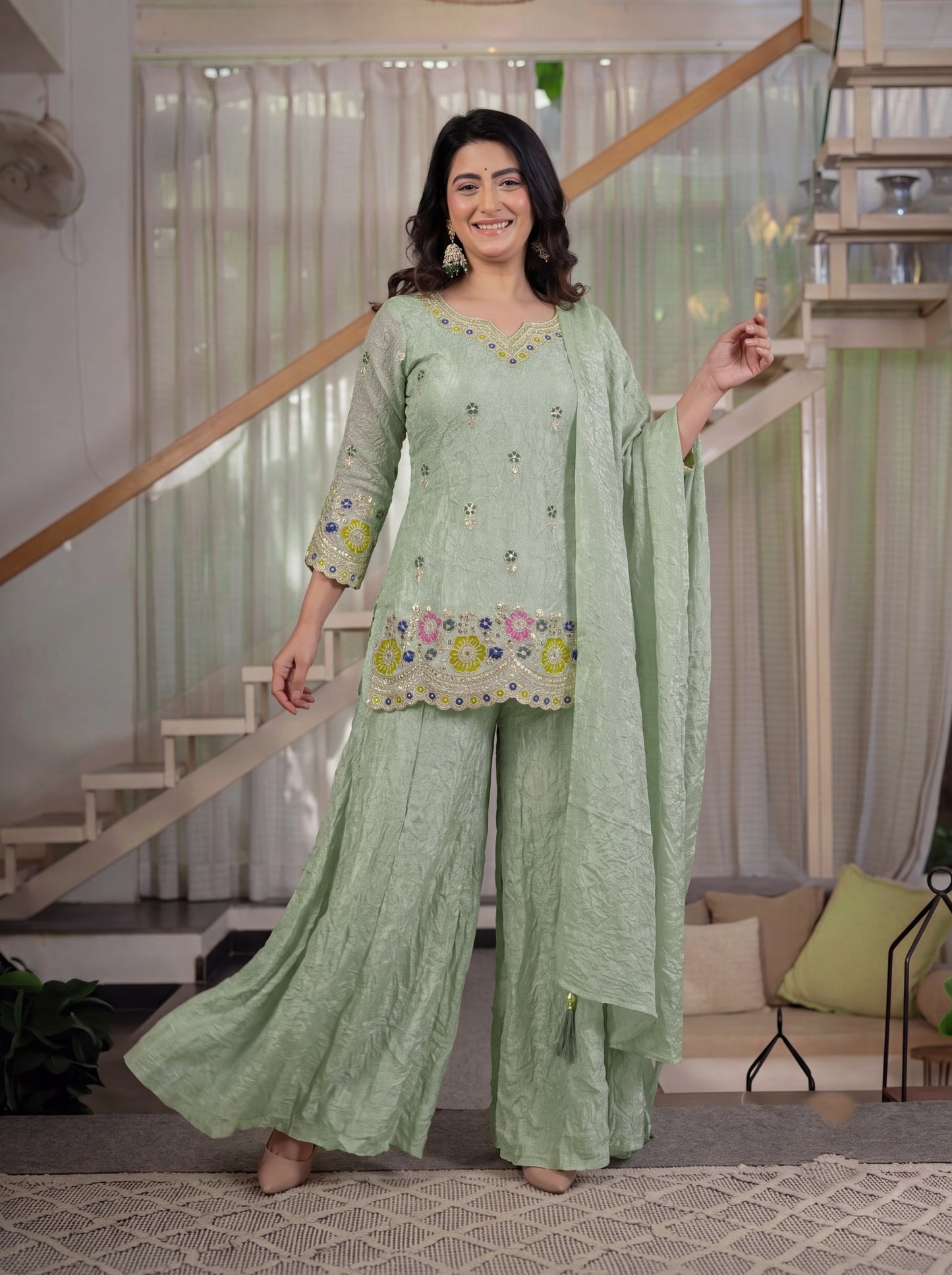 Women's Sharara Suit Set in Mint Green Fendi Crush Fabric with Sequin Embroidery