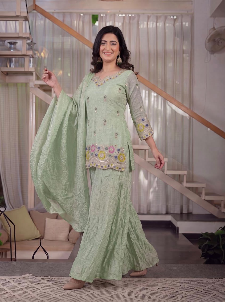 Women's Sharara Suit Set in Mint Green Fendi Crush Fabric with Sequin Embroidery