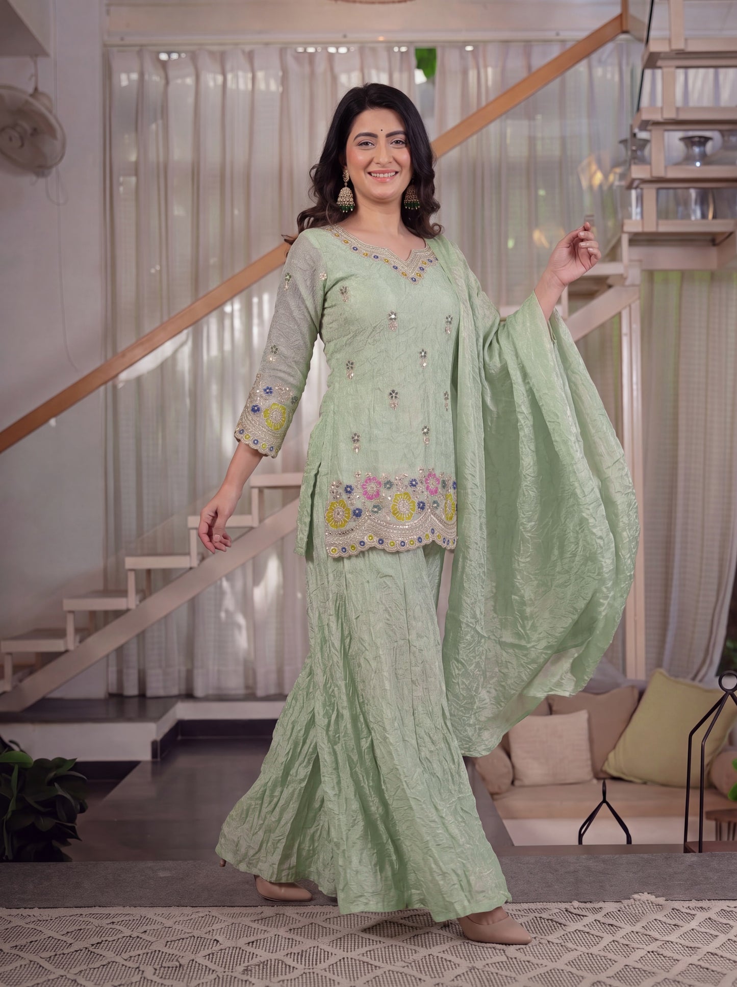 Women's Sharara Suit Set in Mint Green Fendi Crush Fabric with Sequin Embroidery