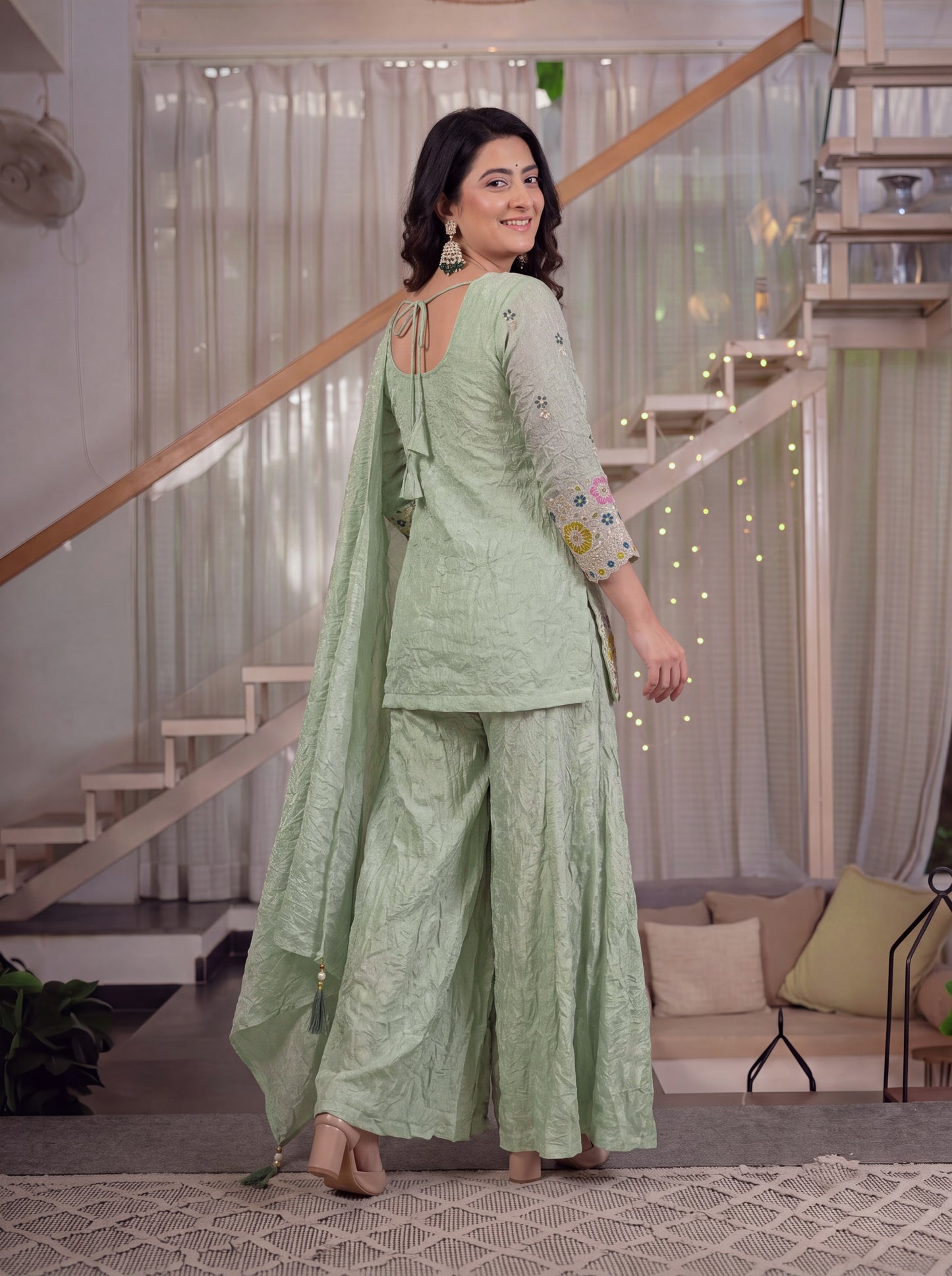 Women's Sharara Suit Set in Mint Green Fendi Crush Fabric with Sequin Embroidery