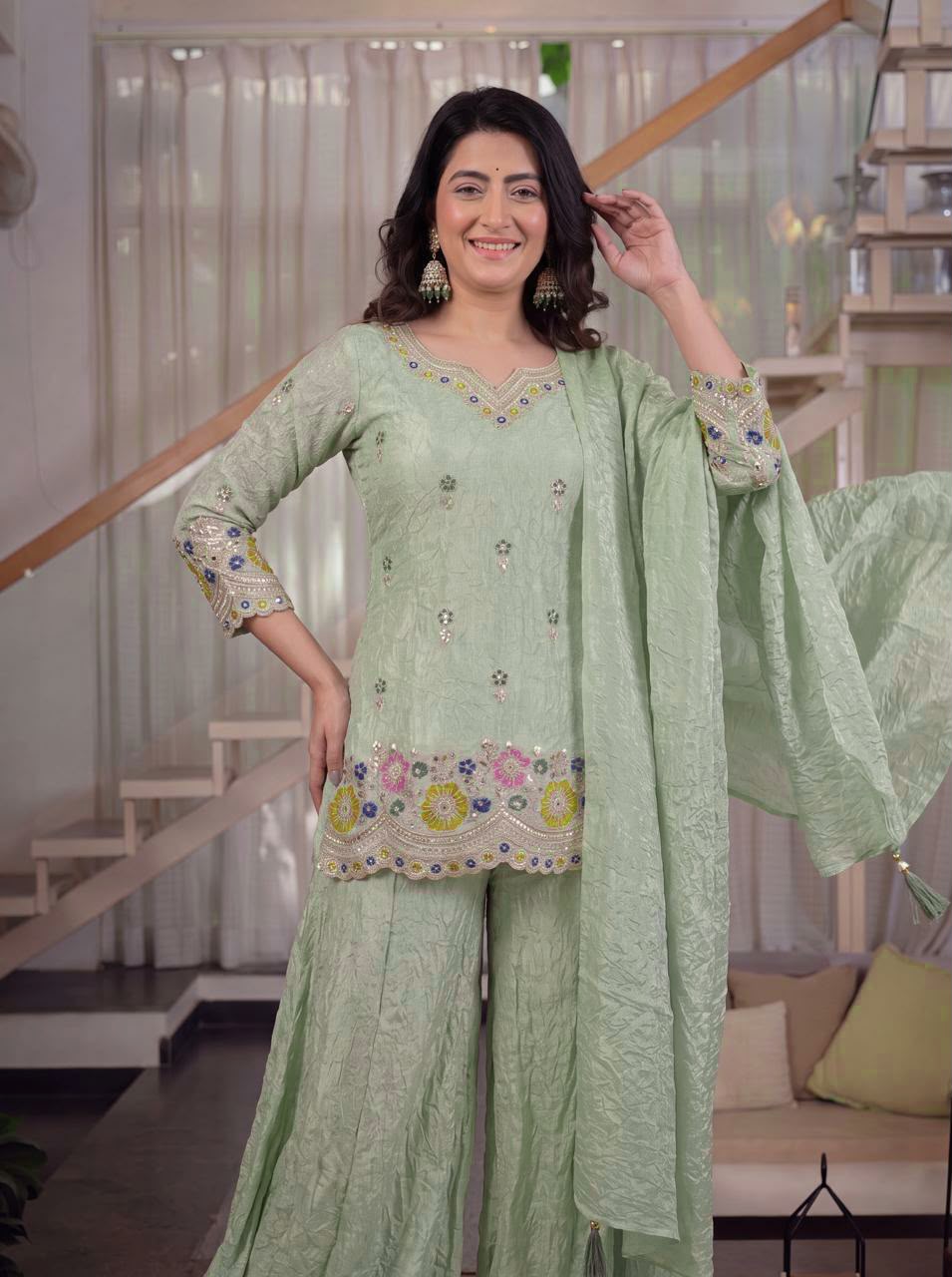 Women's Sharara Suit Set in Mint Green Fendi Crush Fabric with Sequin Embroidery