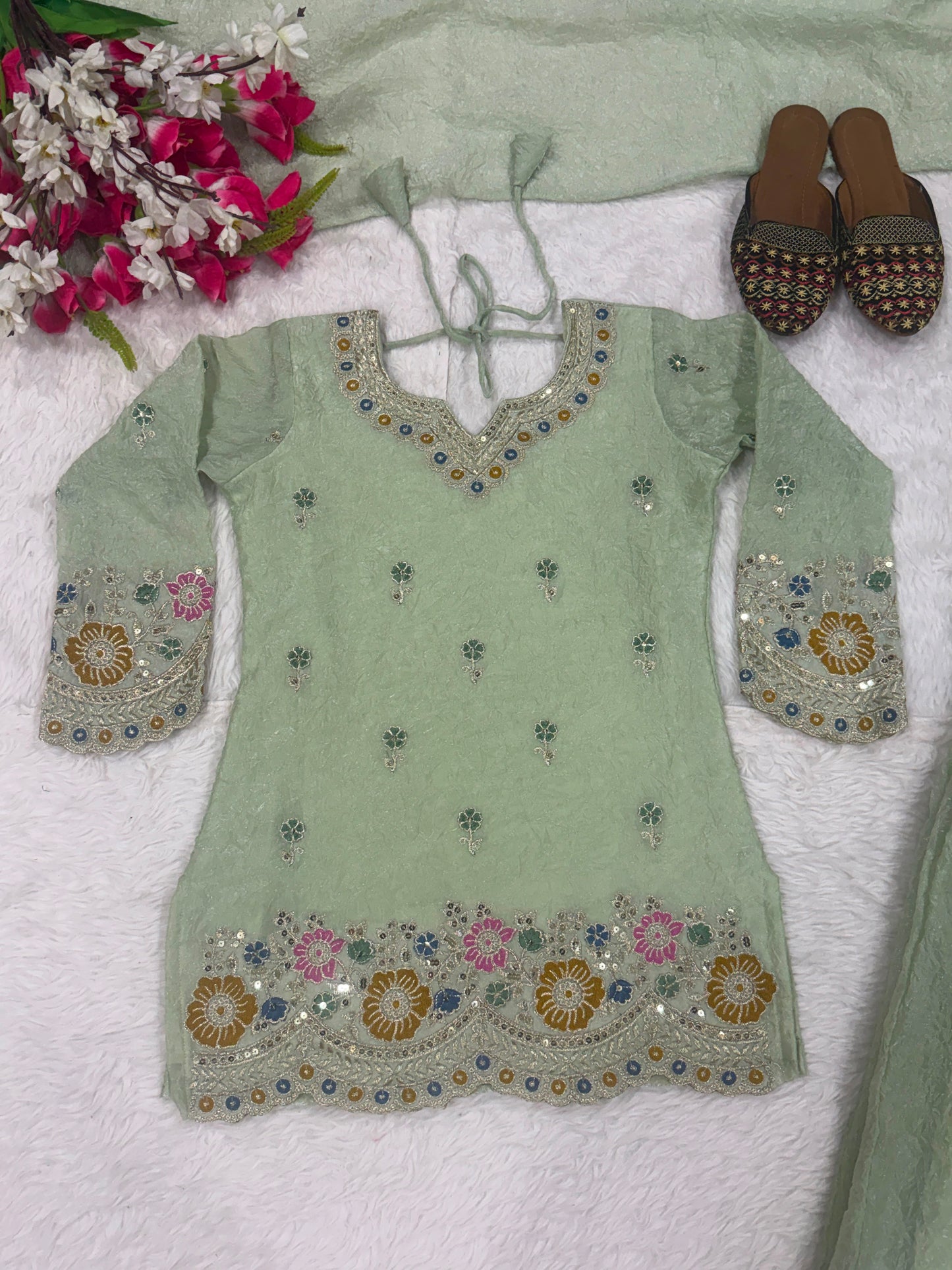 Women's Sharara Suit Set in Mint Green Fendi Crush Fabric with Sequin Embroidery
