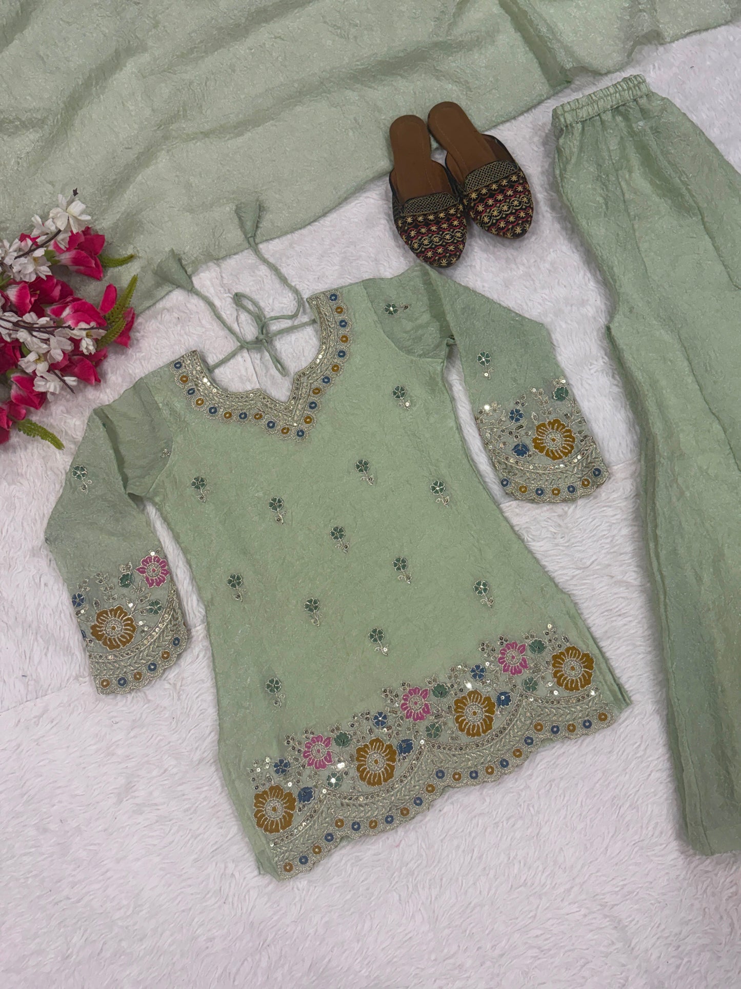 Women's Sharara Suit Set in Mint Green Fendi Crush Fabric with Sequin Embroidery