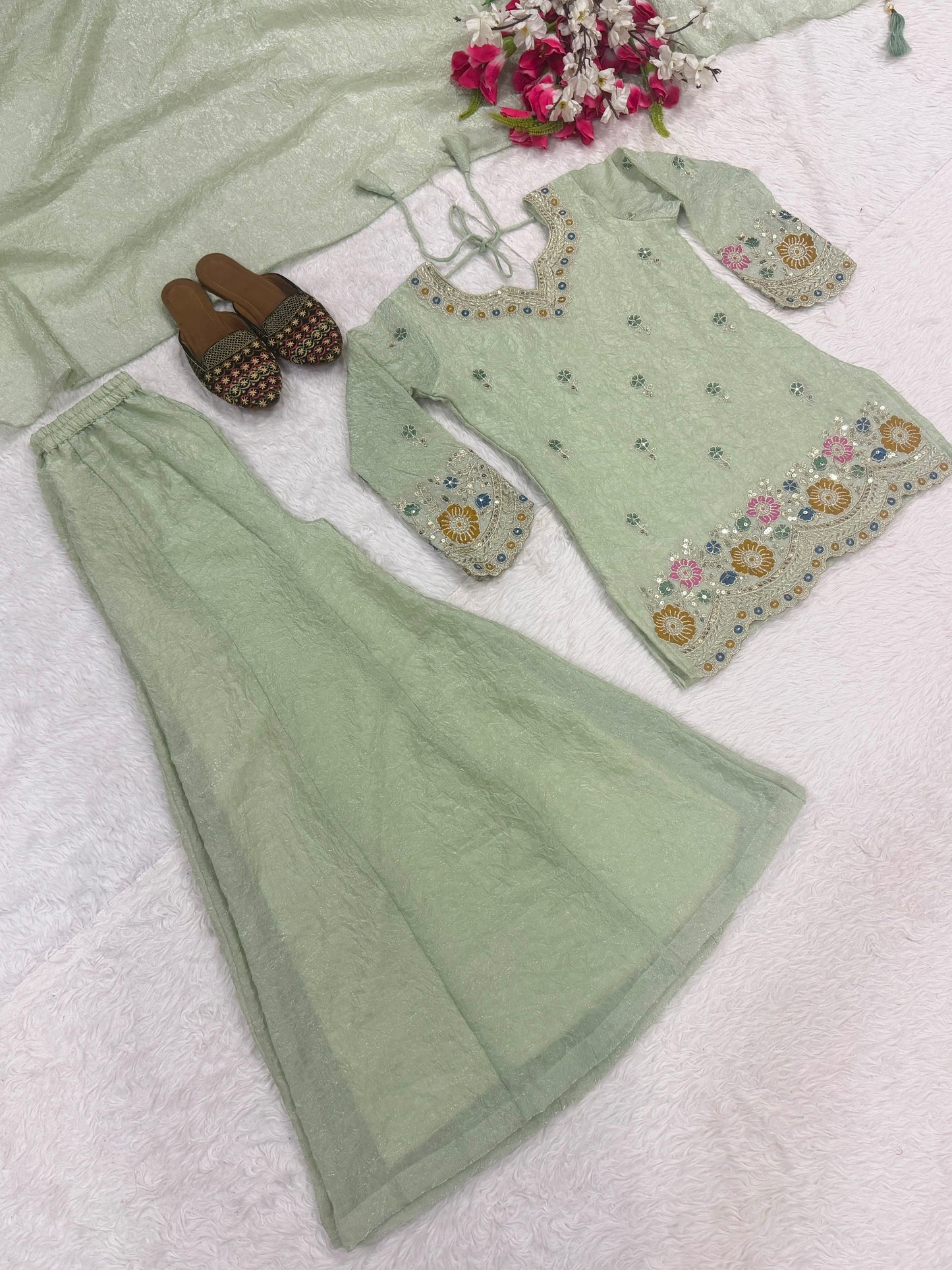 Women's Sharara Suit Set in Mint Green Fendi Crush Fabric with Sequin Embroidery