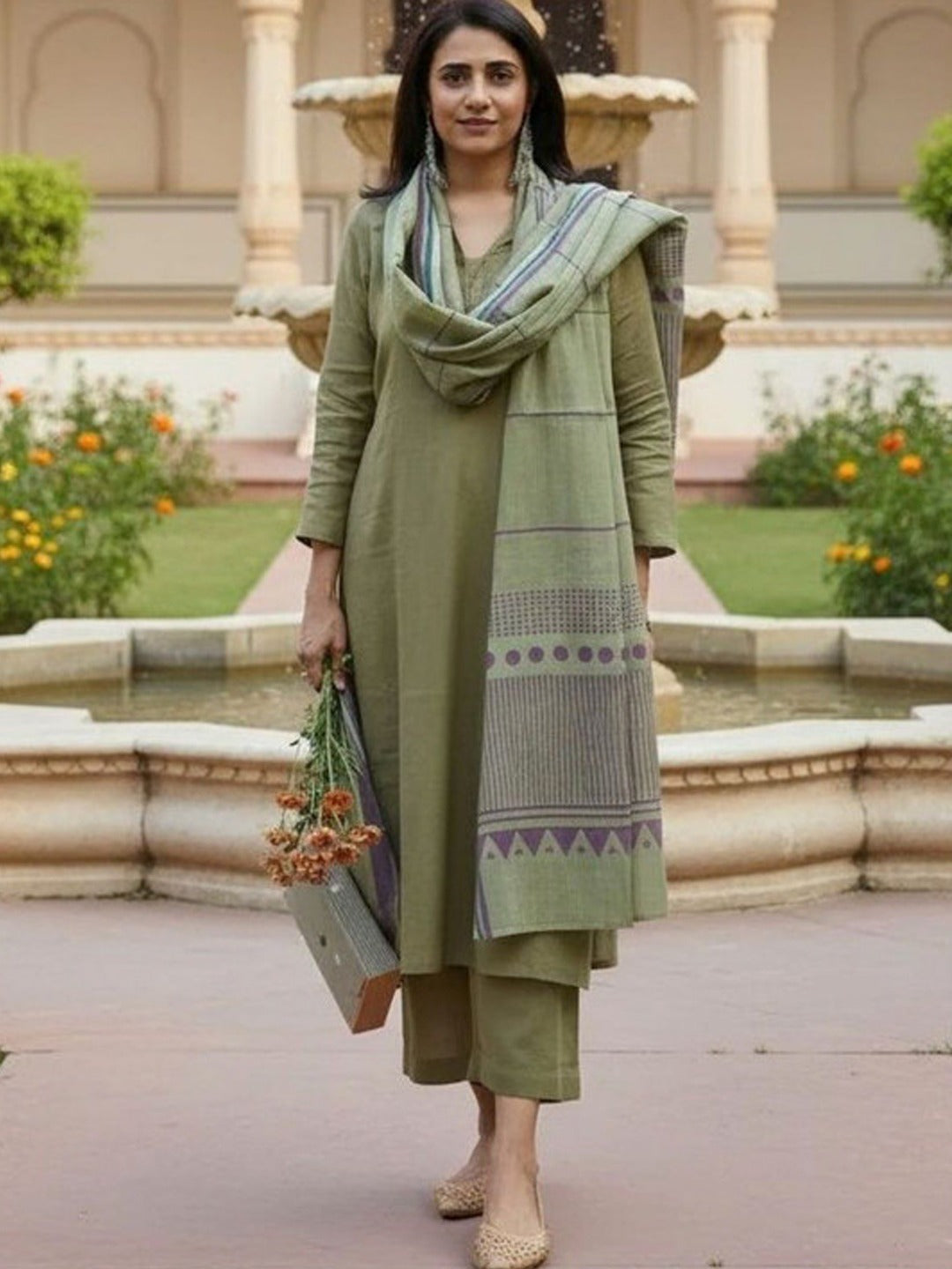 Women's Kurta Pant Set in Pista Green Rayon Print with Woven Cotton Blend Dupatta