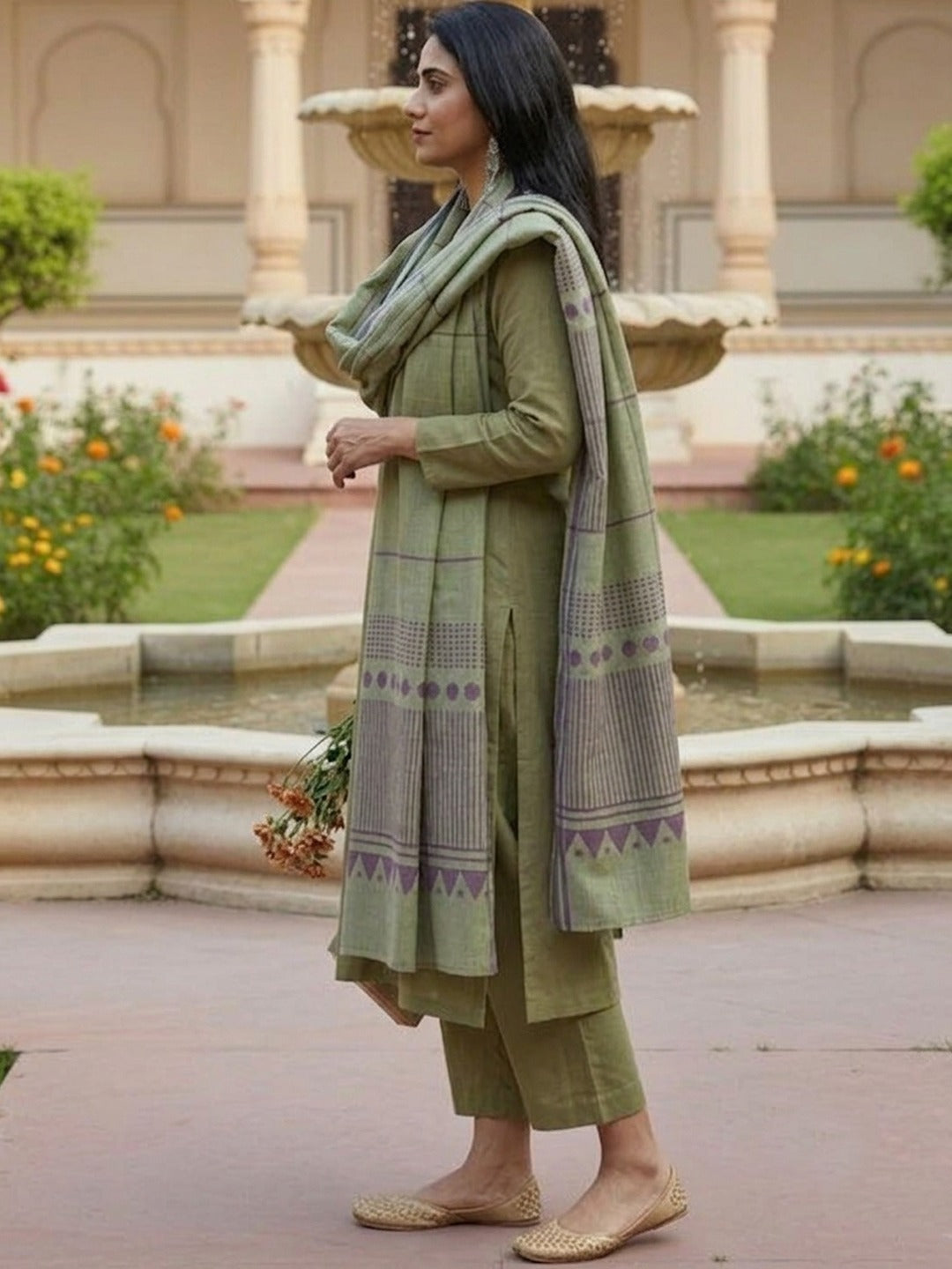 Women's Kurta Pant Set in Pista Green Rayon Print with Woven Cotton Blend Dupatta