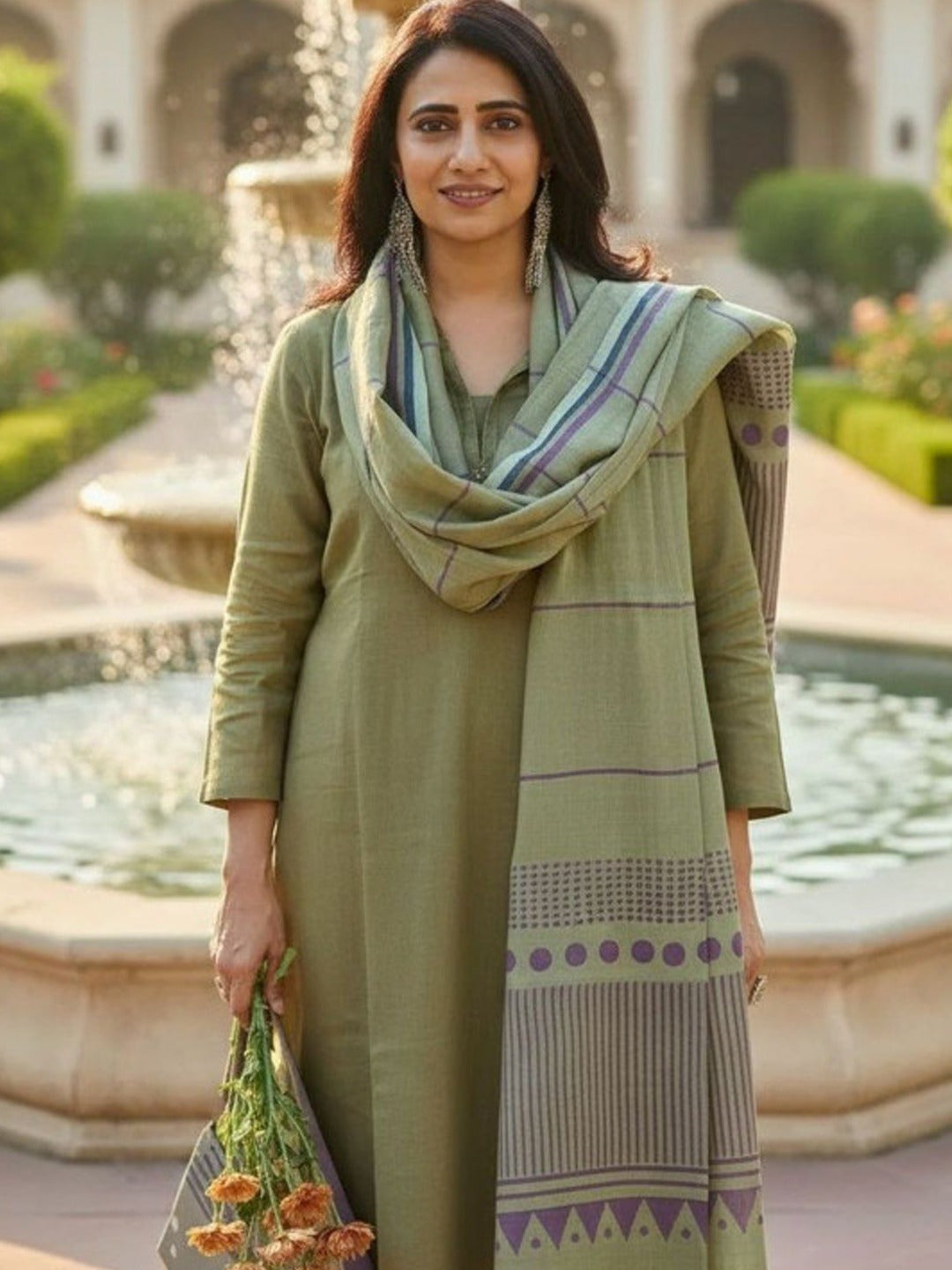 Women's Kurta Pant Set in Pista Green Rayon Print with Woven Cotton Blend Dupatta