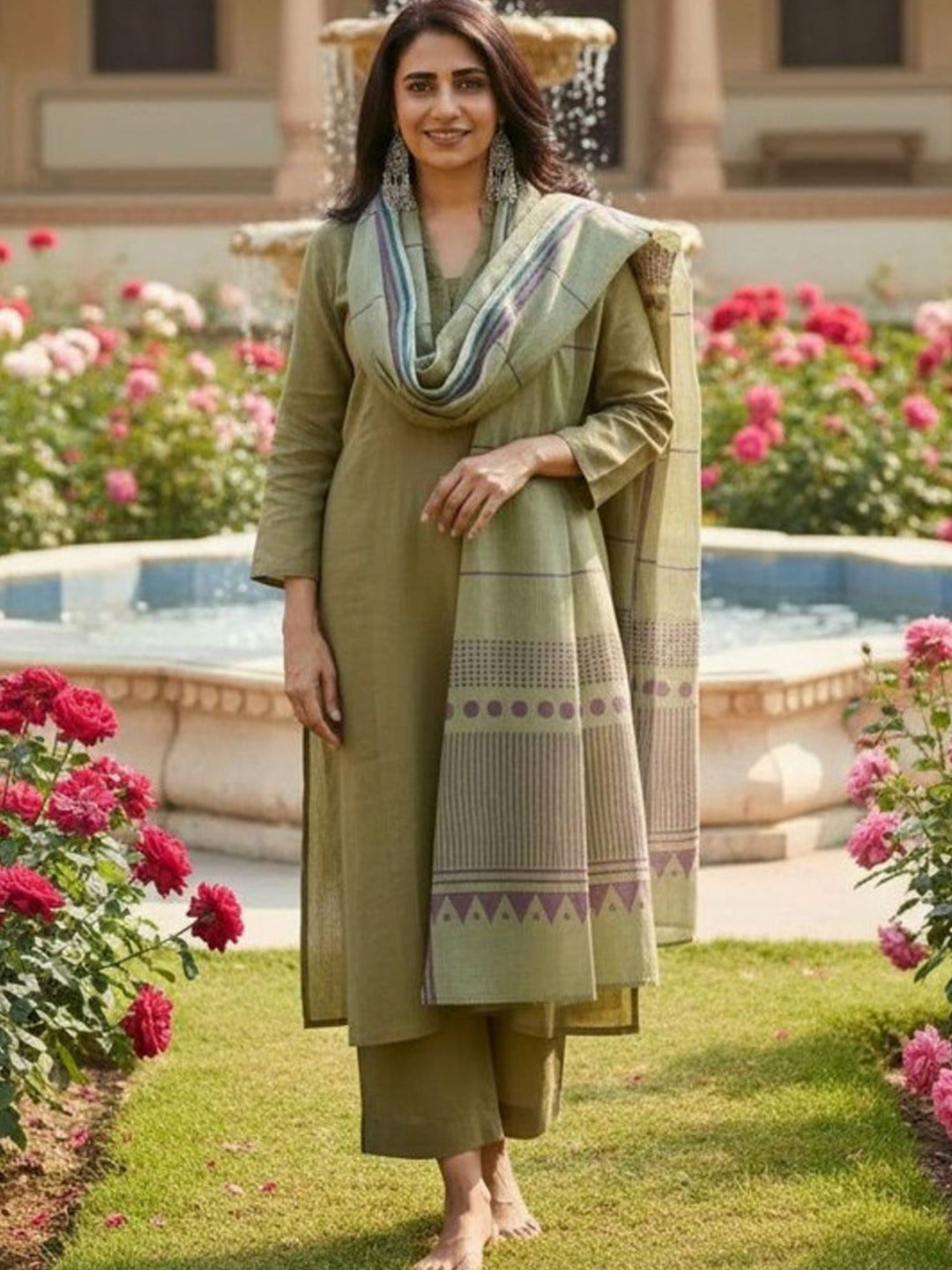 Women's Kurta Pant Set in Pista Green Rayon Print with Woven Cotton Blend Dupatta