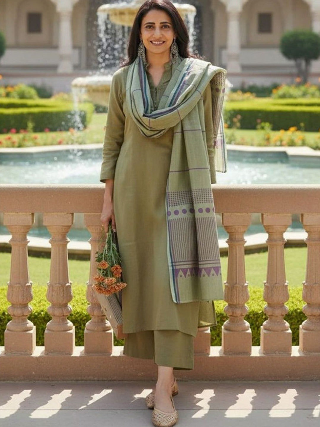 Women's Kurta Pant Set in Pista Green Rayon Print with Woven Cotton Blend Dupatta