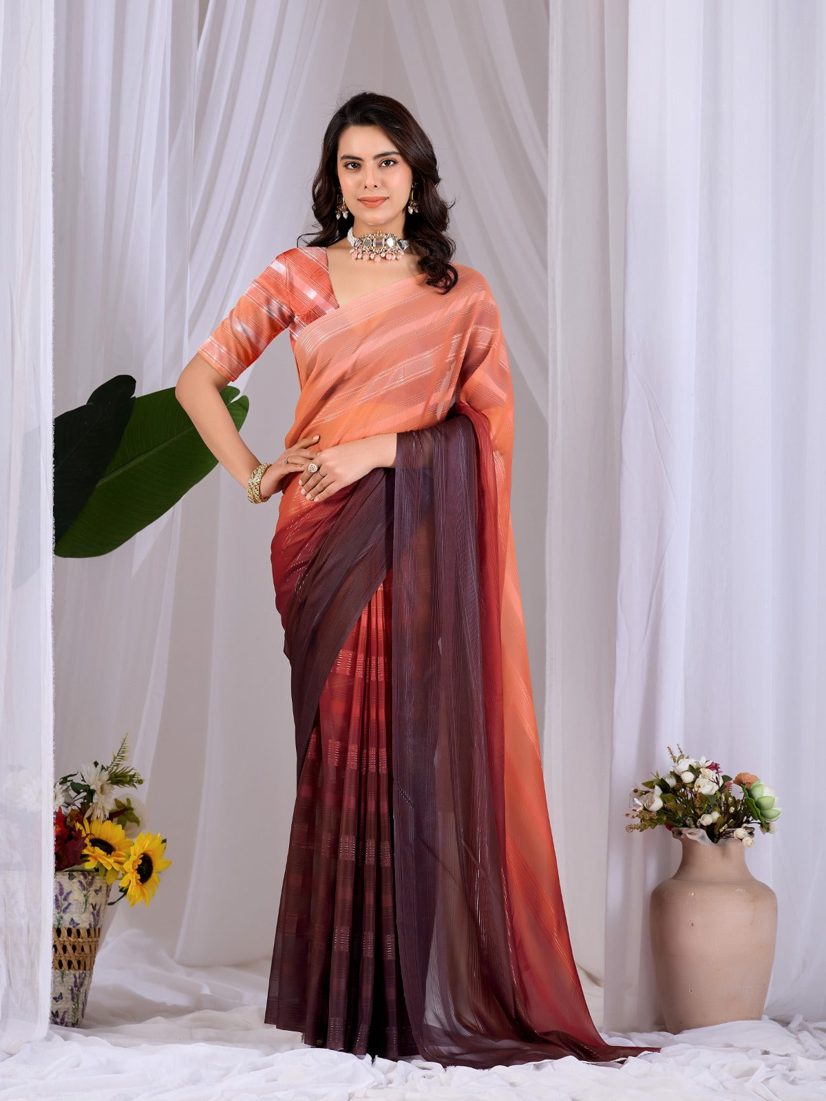 Women's Ombre Saree in Peach and Wine Premium Monsoon Fabric with Subtle Woven Stripes