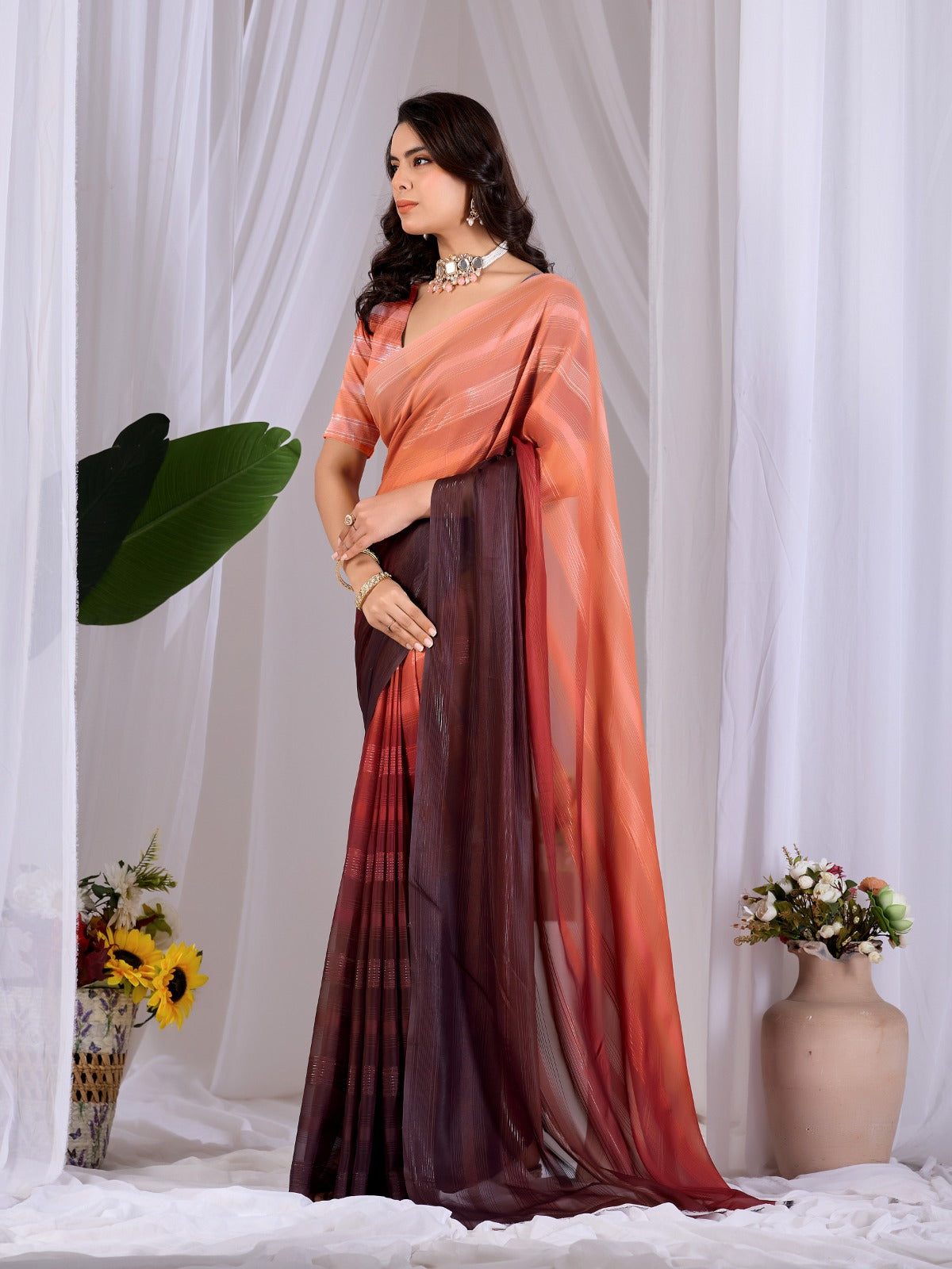 Women's Ombre Saree in Peach and Wine Premium Monsoon Fabric with Subtle Woven Stripes