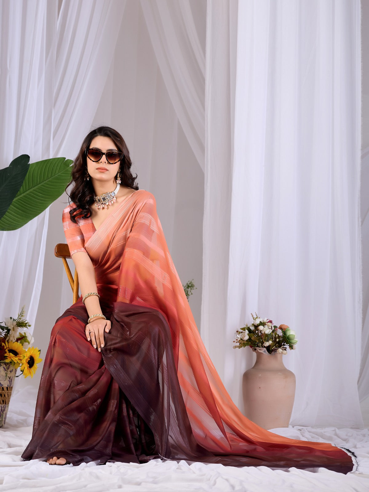 Women's Ombre Saree in Peach and Wine Premium Monsoon Fabric with Subtle Woven Stripes