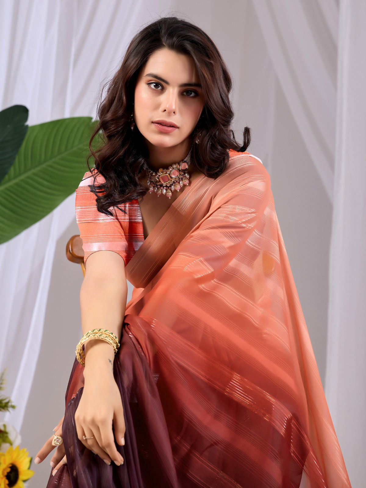Women's Ombre Saree in Peach and Wine Premium Monsoon Fabric with Subtle Woven Stripes