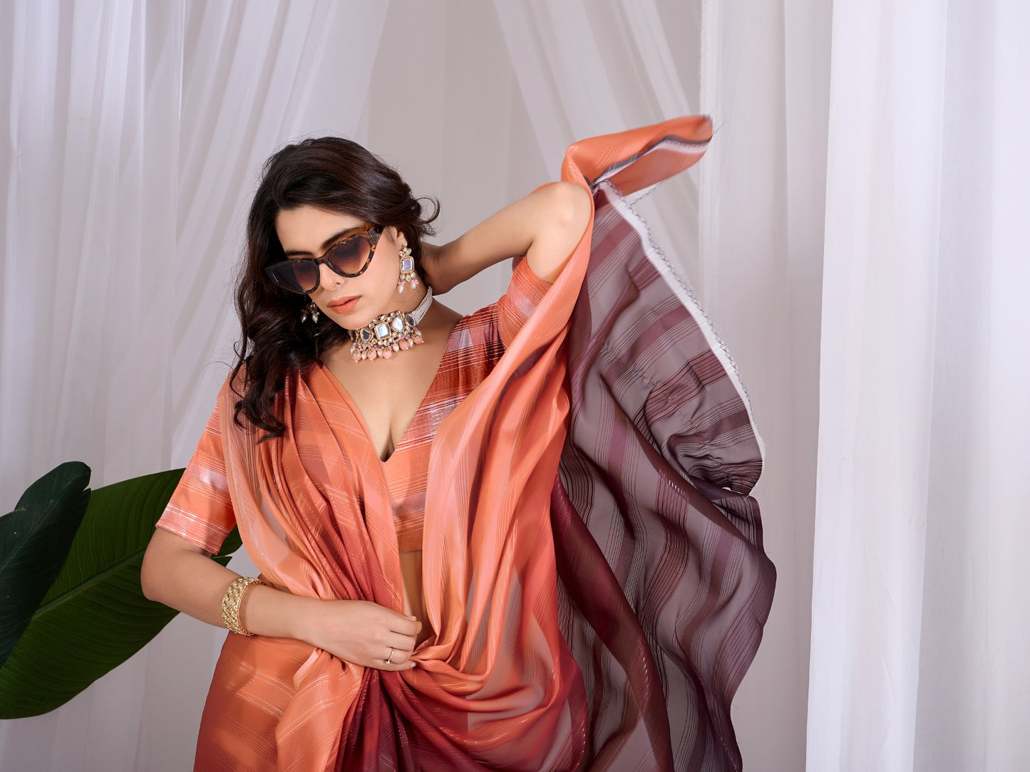 Women's Ombre Saree in Peach and Wine Premium Monsoon Fabric with Subtle Woven Stripes
