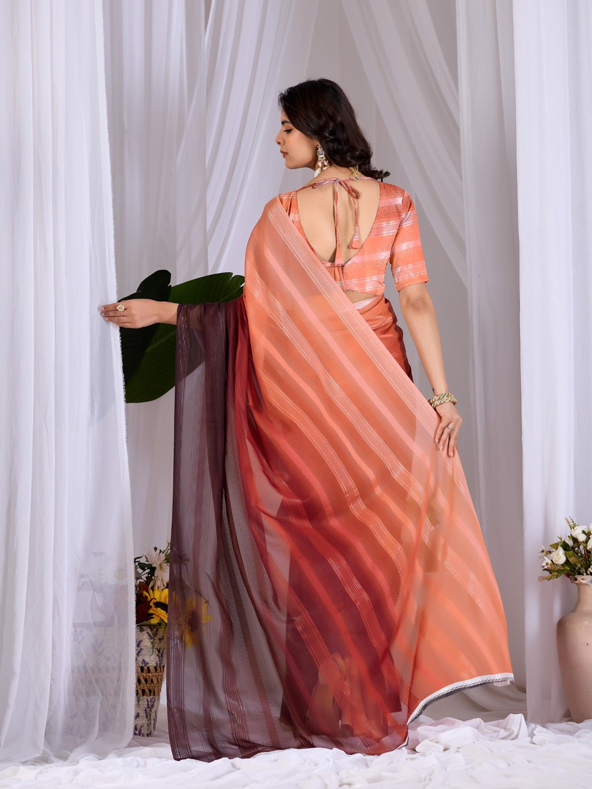 Women's Ombre Saree in Peach and Wine Premium Monsoon Fabric with Subtle Woven Stripes
