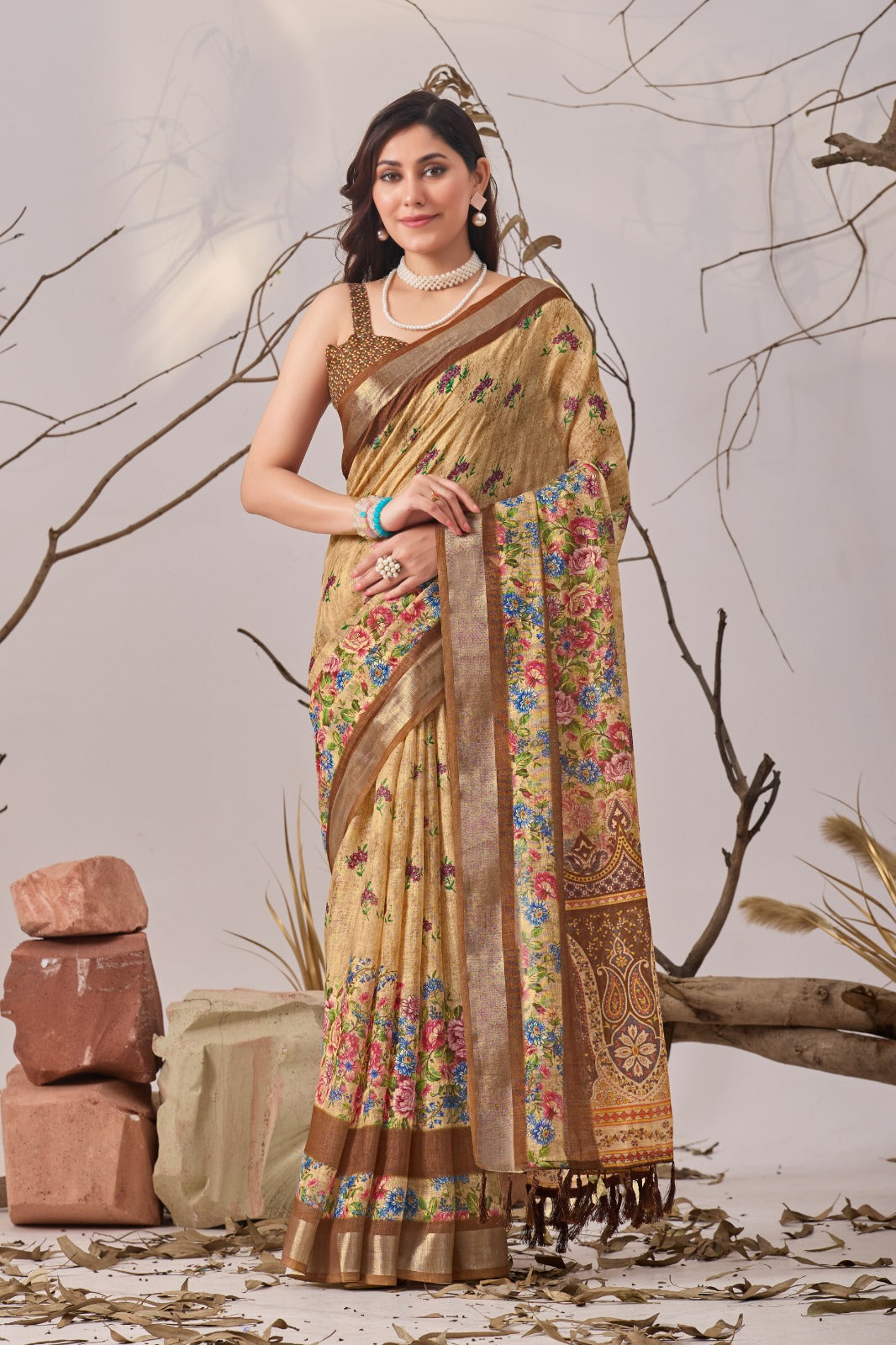 Women's Linen Cotton Saree in Beige with Digital Floral Print and Woven Border