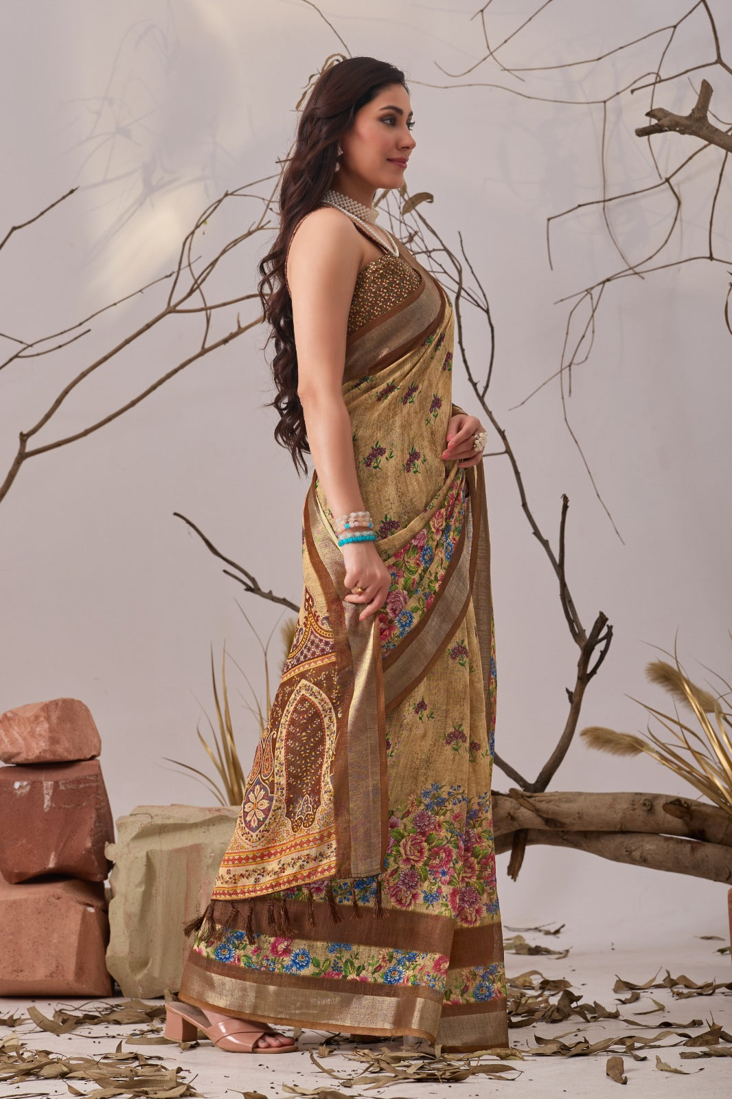 Women's Linen Cotton Saree in Beige with Digital Floral Print and Woven Border
