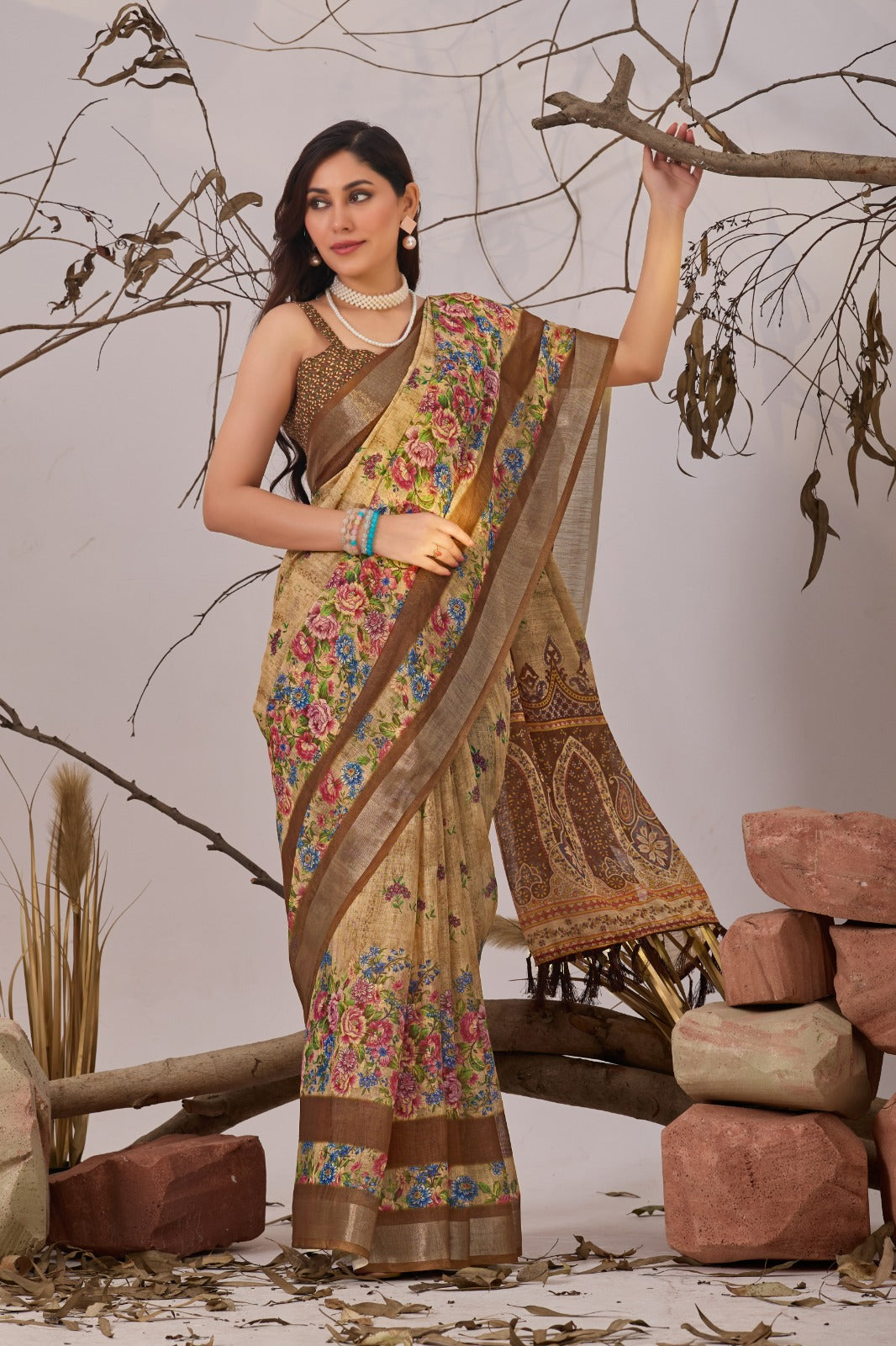 Women's Linen Cotton Saree in Beige with Digital Floral Print and Woven Border