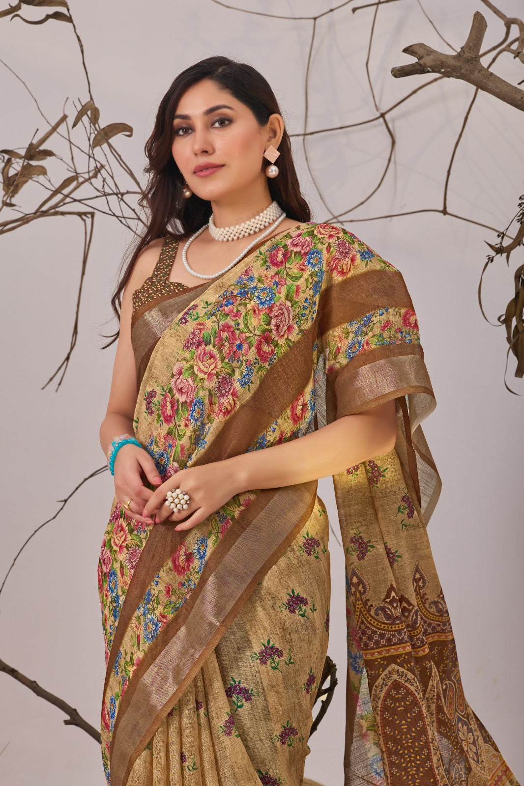 Women's Linen Cotton Saree in Beige with Digital Floral Print and Woven Border