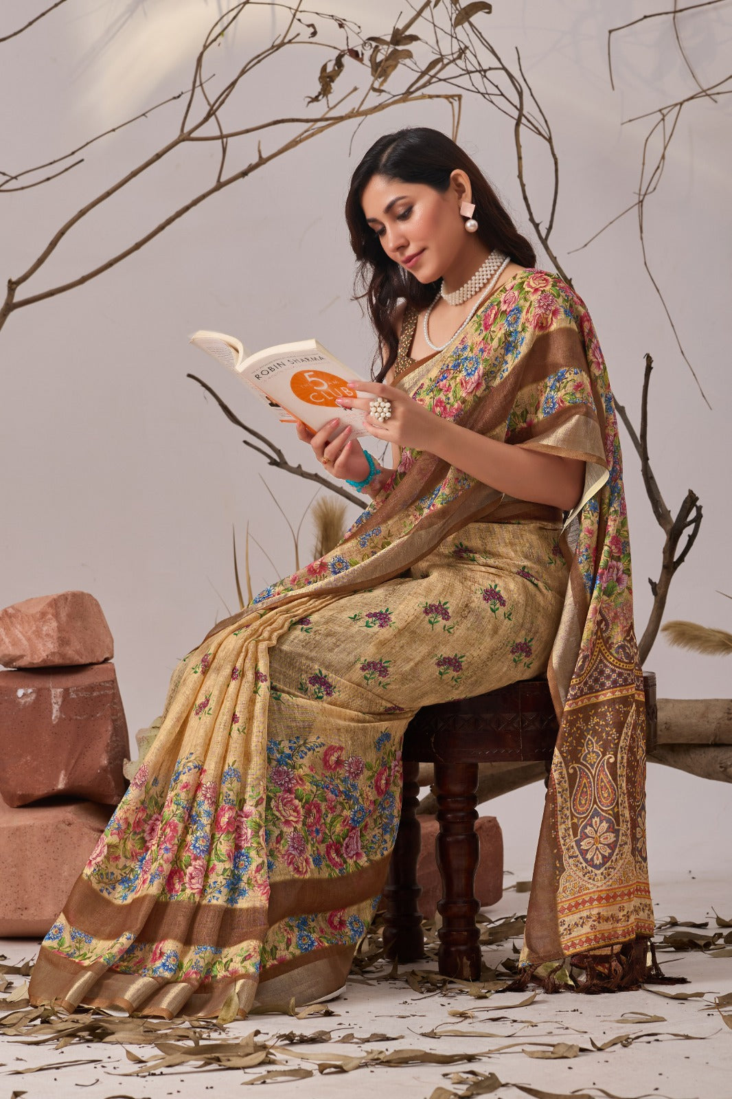 Women's Linen Cotton Saree in Beige with Digital Floral Print and Woven Border