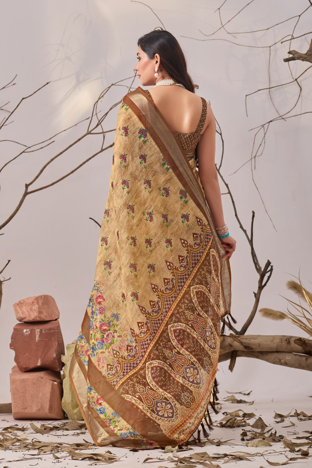Women's Linen Cotton Saree in Beige with Digital Floral Print and Woven Border