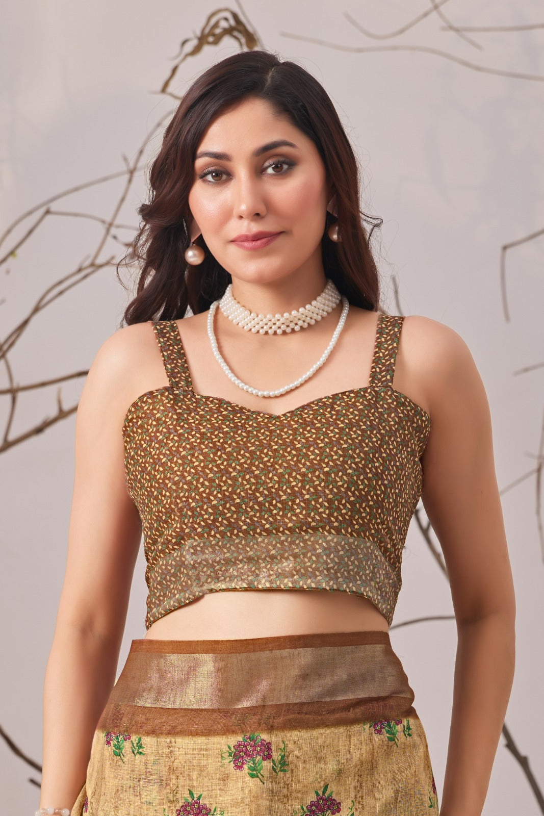 Women's Linen Cotton Saree in Beige with Digital Floral Print and Woven Border