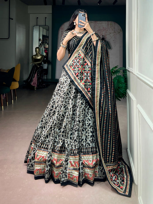 Women's Lehenga Choli Set in Assorted Colors Tasar Silk with Printed Design and Lace Border