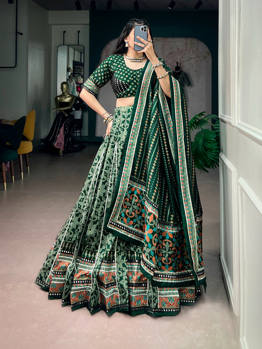 Women's Lehenga Choli Set in Assorted Colors Tasar Silk with Printed Design and Lace Border