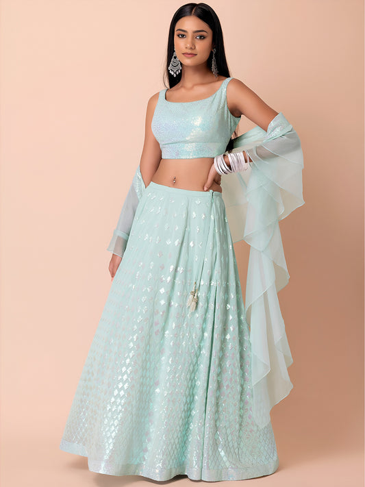Women's Lehenga Choli Catalog Set in Aqua & Pink Heavy Georgette with Sequin Work