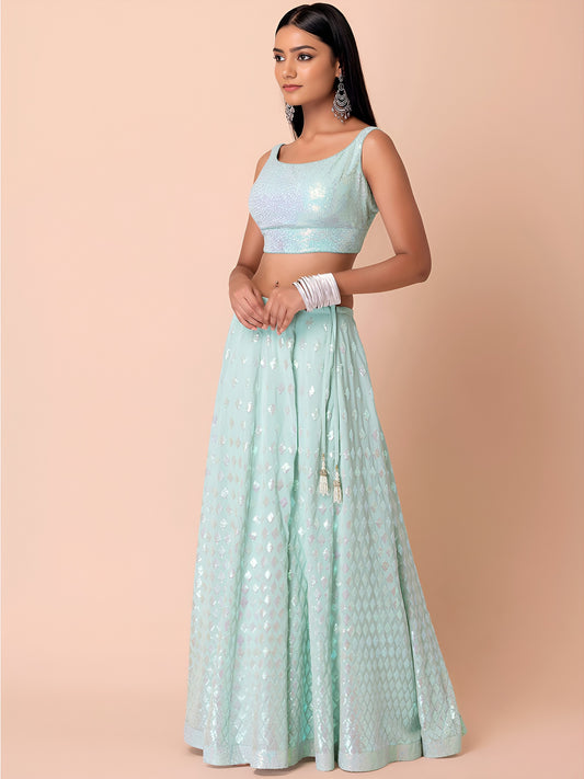 Women's Lehenga Choli Catalog Set in Aqua & Pink Heavy Georgette with Sequin Work