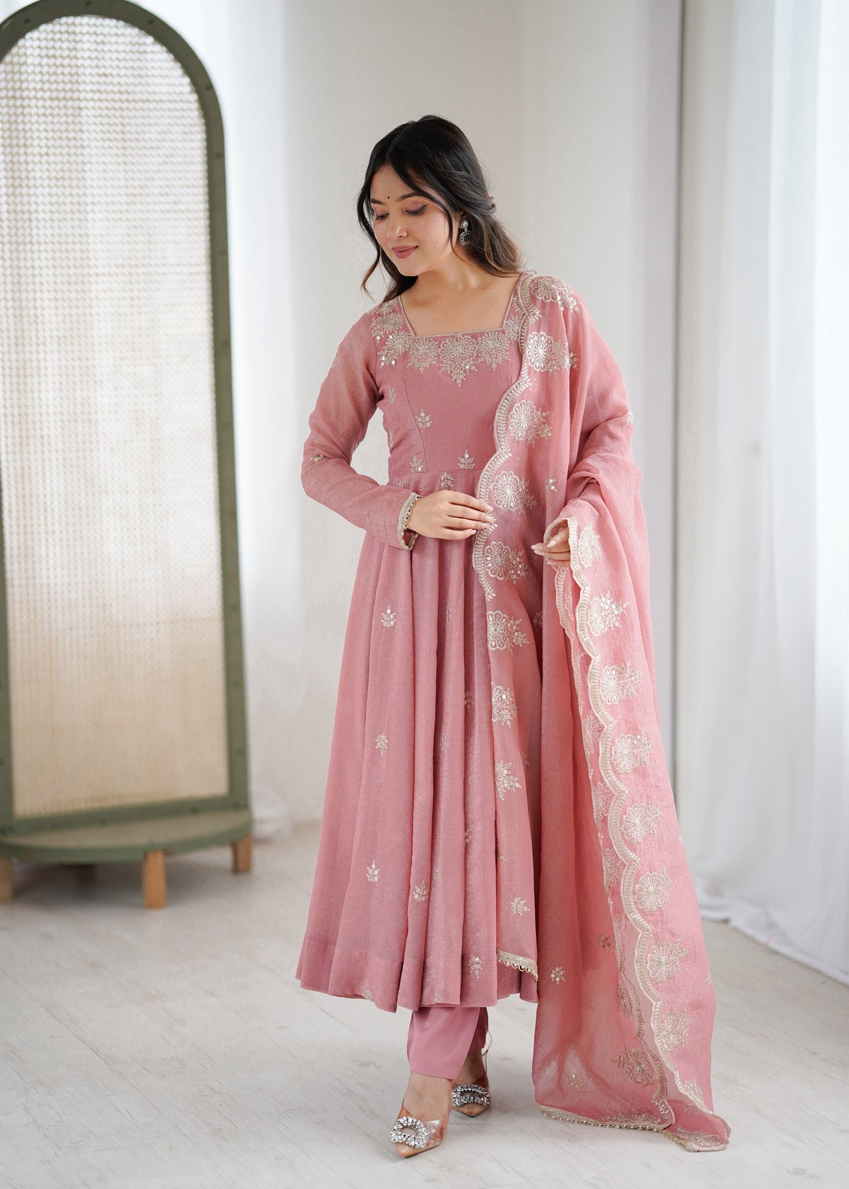 Women's Anarkali Suit Set in Assorted Colors Crunchy Silk with Sequin Embroidery