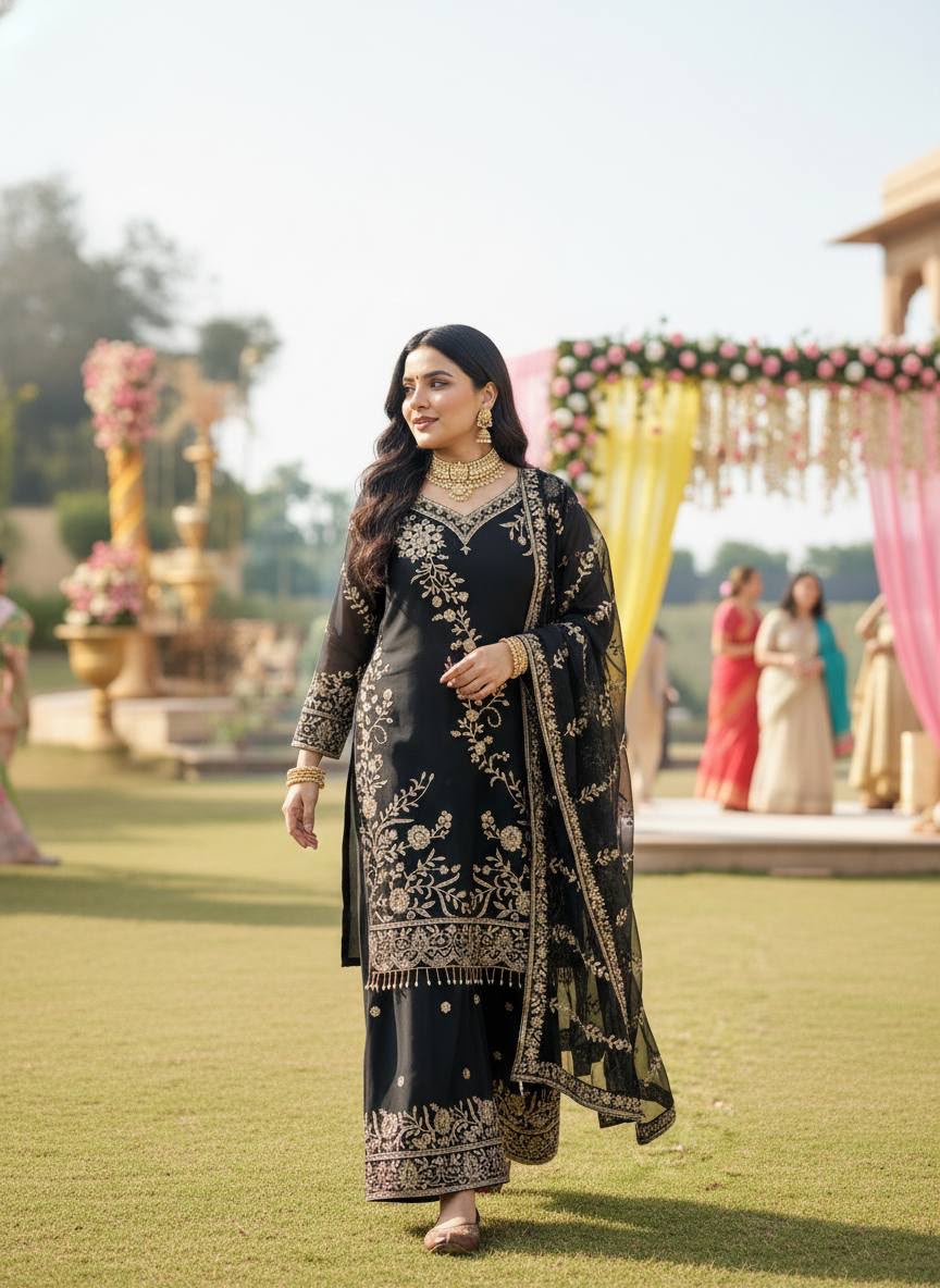 Women's Kurti Palazzo Set in Black Semi Faux Georgette with Zari Embroidery