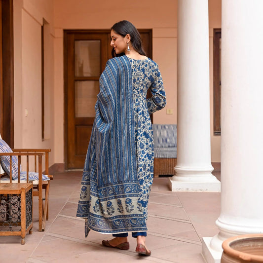 Women's Kurti Pant Set in Navy Blue Rayon with Floral Print