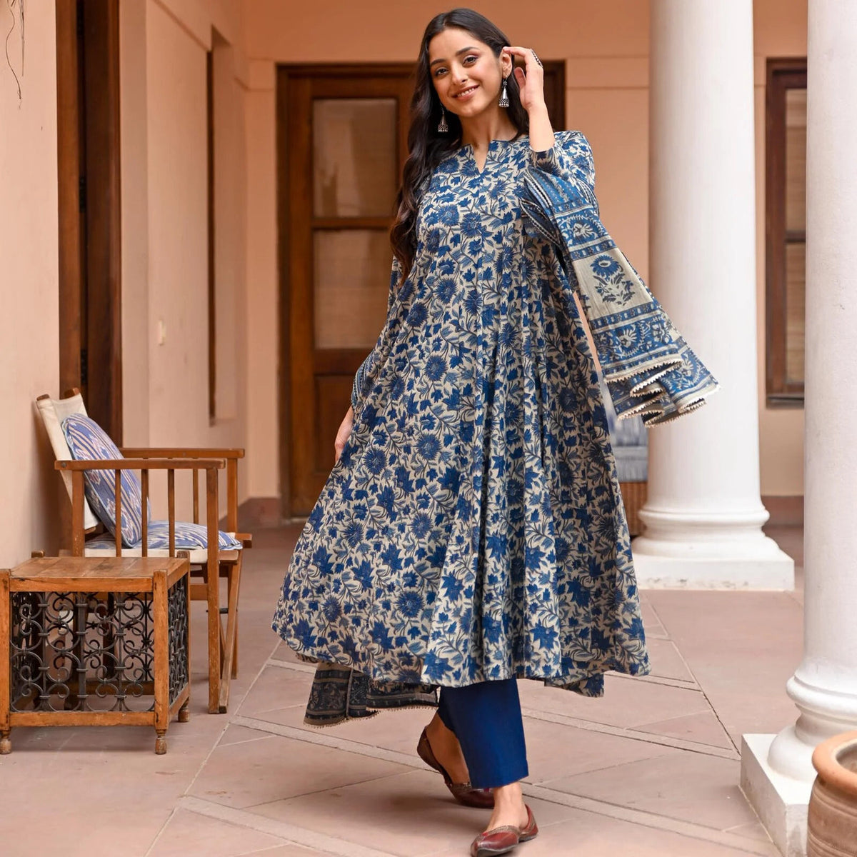 Women's Kurti Pant Set in Navy Blue Rayon with Floral Print